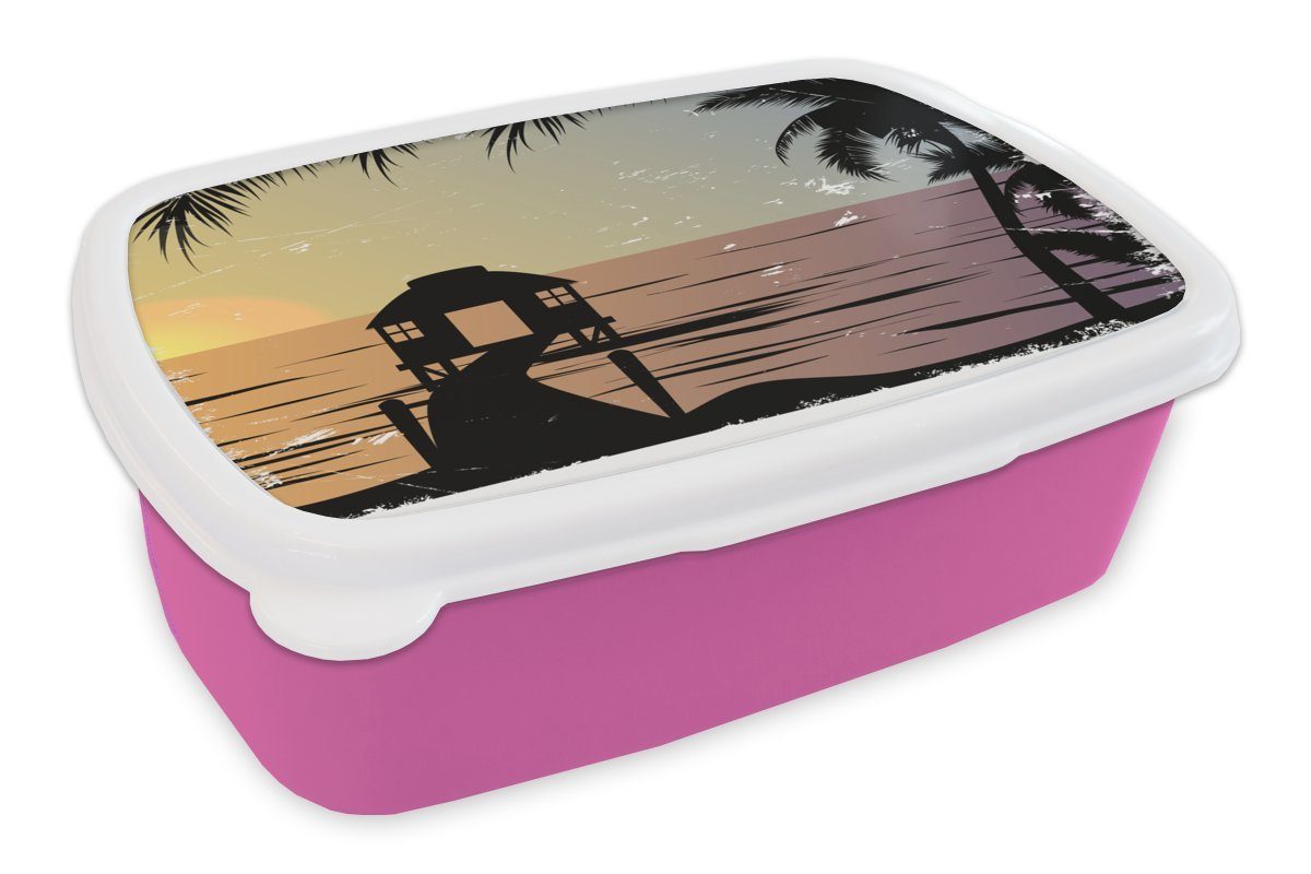 MuchoWow Lunchbox Pier - Meer - Nacht - Sommer, Kunststoff, (2-tlg), Brotbox für Erwachsene, Brotdose Kinder, Snackbox, Mädchen, Kunststoff rosa