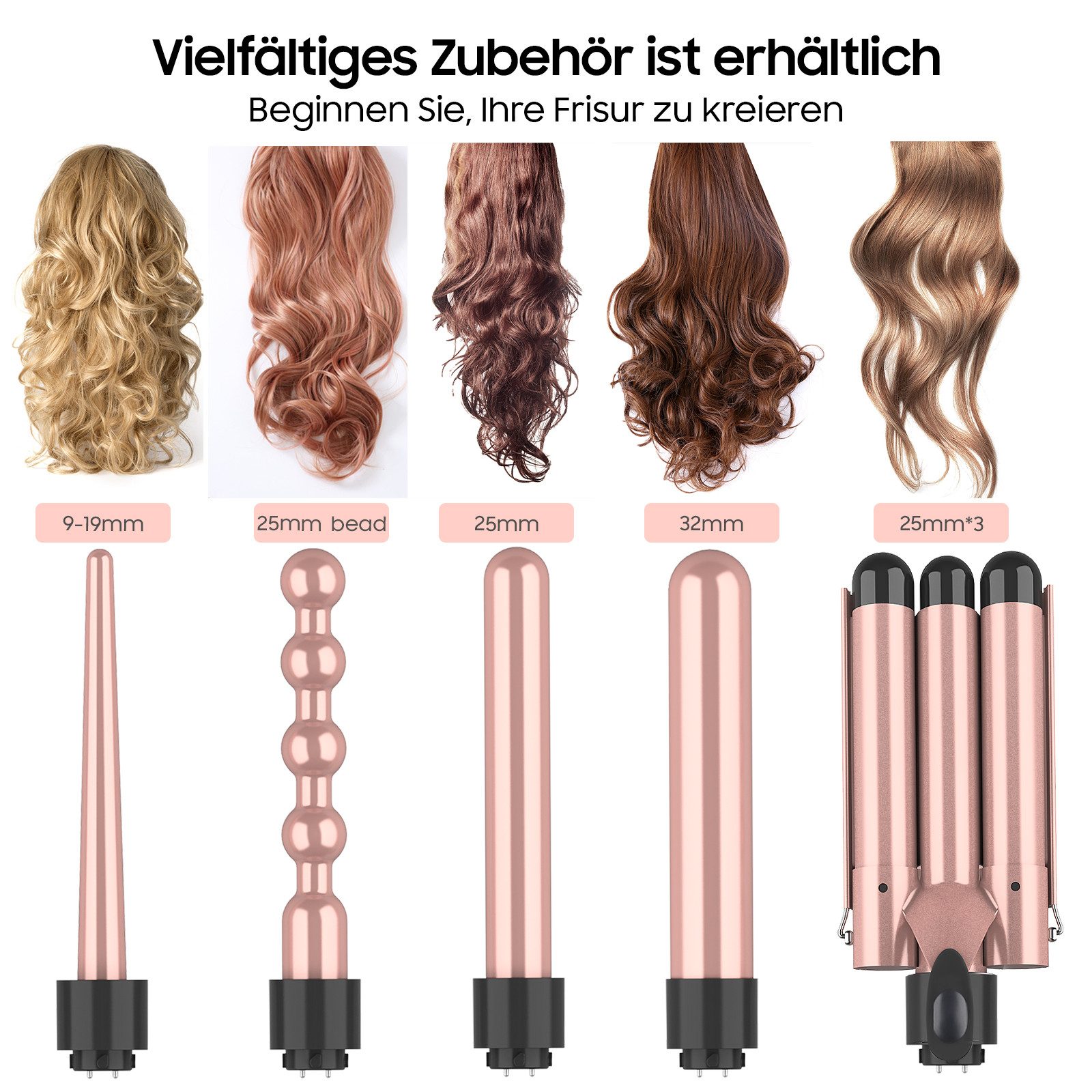 AIMAX Lockenstab Lockenstab Set 5-in-1 mit Welleneisen & 3 Fässern, Turmalin-Keramik, mit Wechselkopf