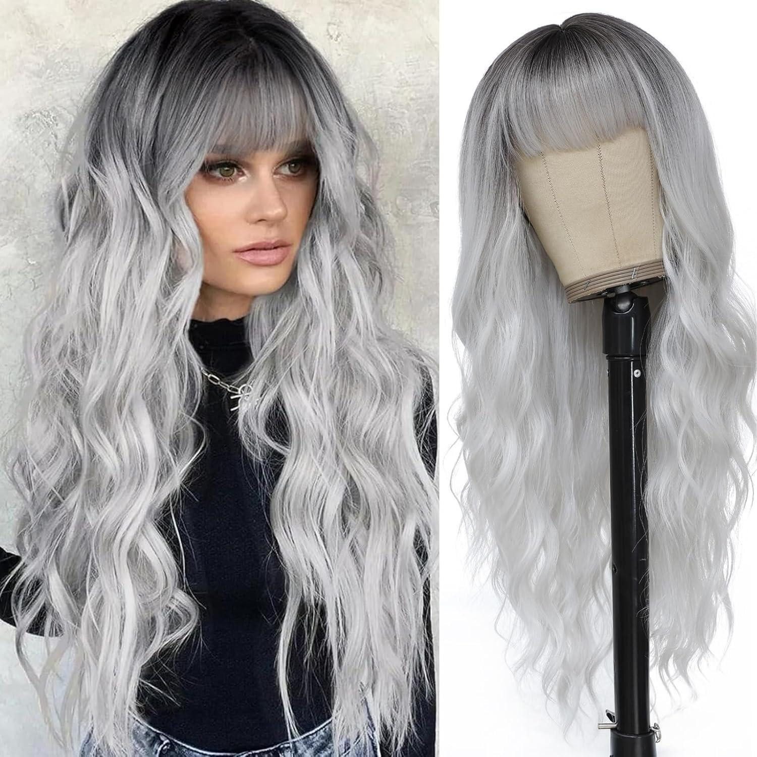 LuxusKollektion Kostüm-Perücke Perücke Damen lang lockig Pony Cosplay Halloween 26 Zoll Graues Ombre