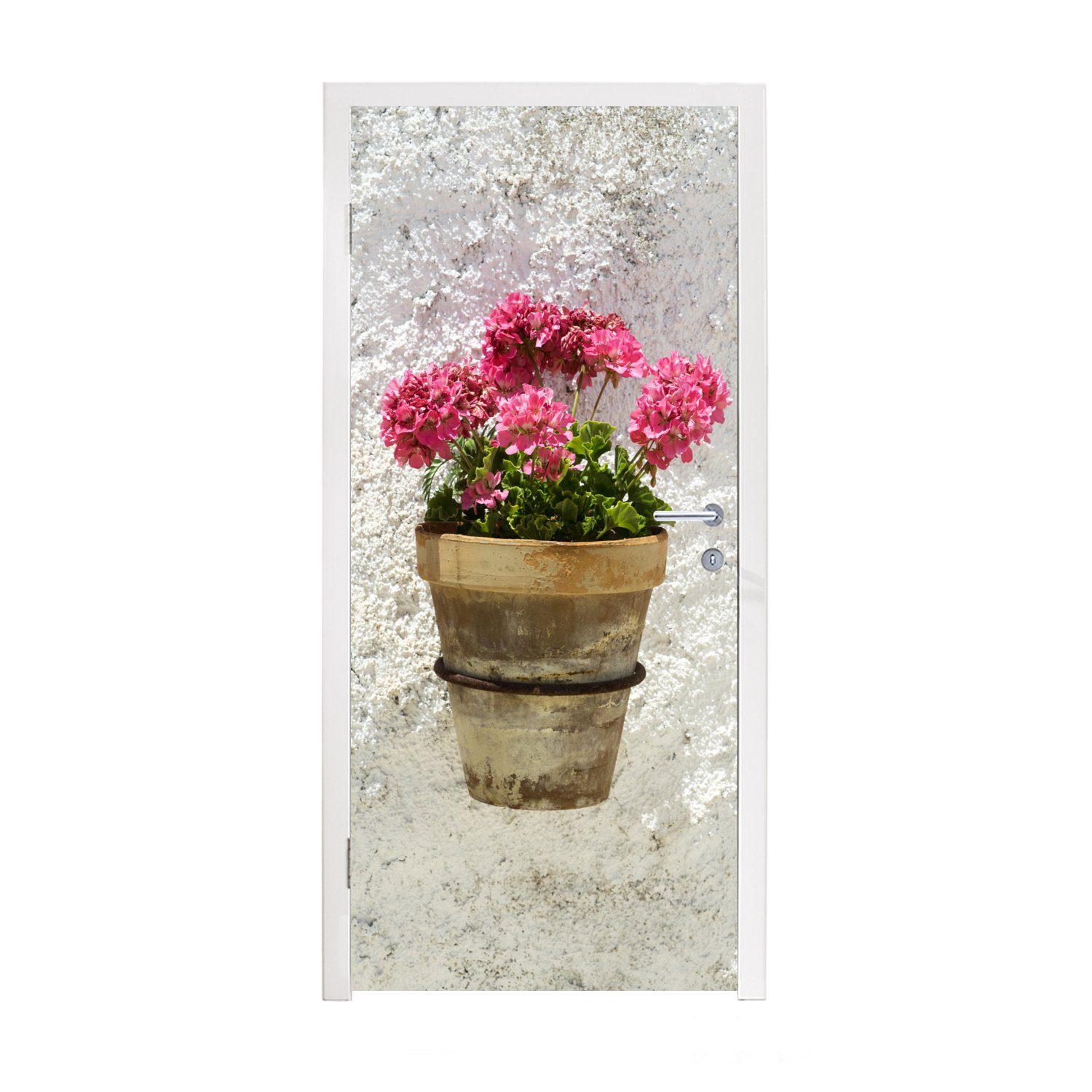 MuchoWow Türtapete Ein Topf mit Geranienblüten in Bocairent, Matt, bedruckt, (1 St), Fototapete für Tür, Türaufkleber, 75x205 cm