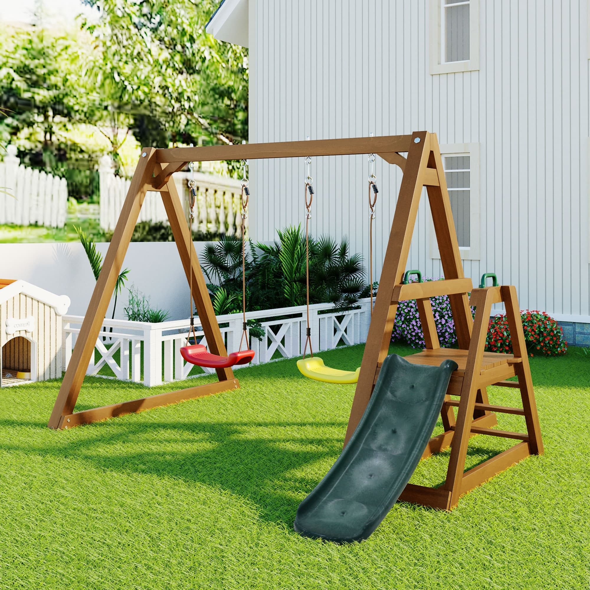 autolock Doppelschaukel Kinderschaukel Massivholzrahmen mit Rutsche & Kletterleiter, Gartenschaukel Outdoor Schaukelgerüst für Gärten und Terrassen