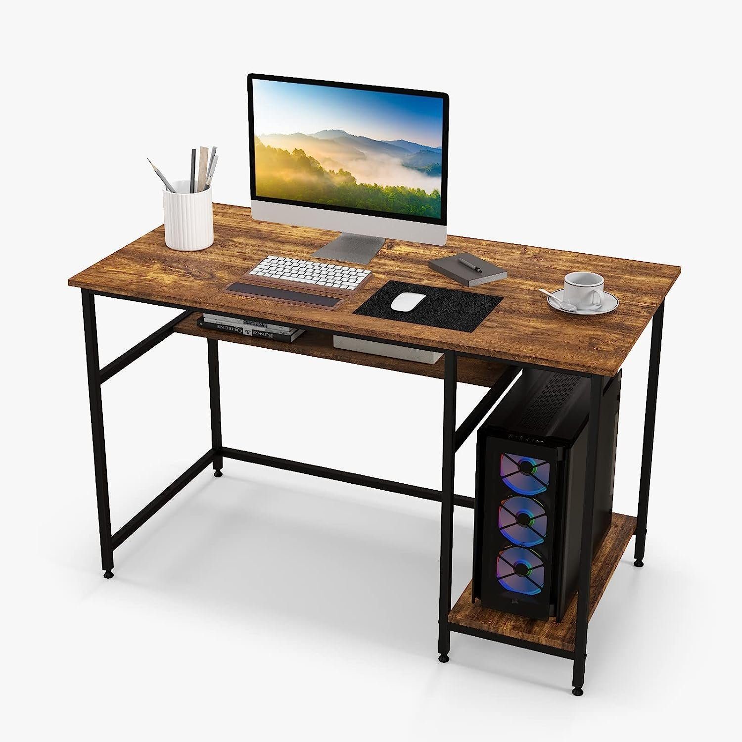 KOMFOTTEU Schreibtisch Computertisch, aus Holz & Metallrahmen braun