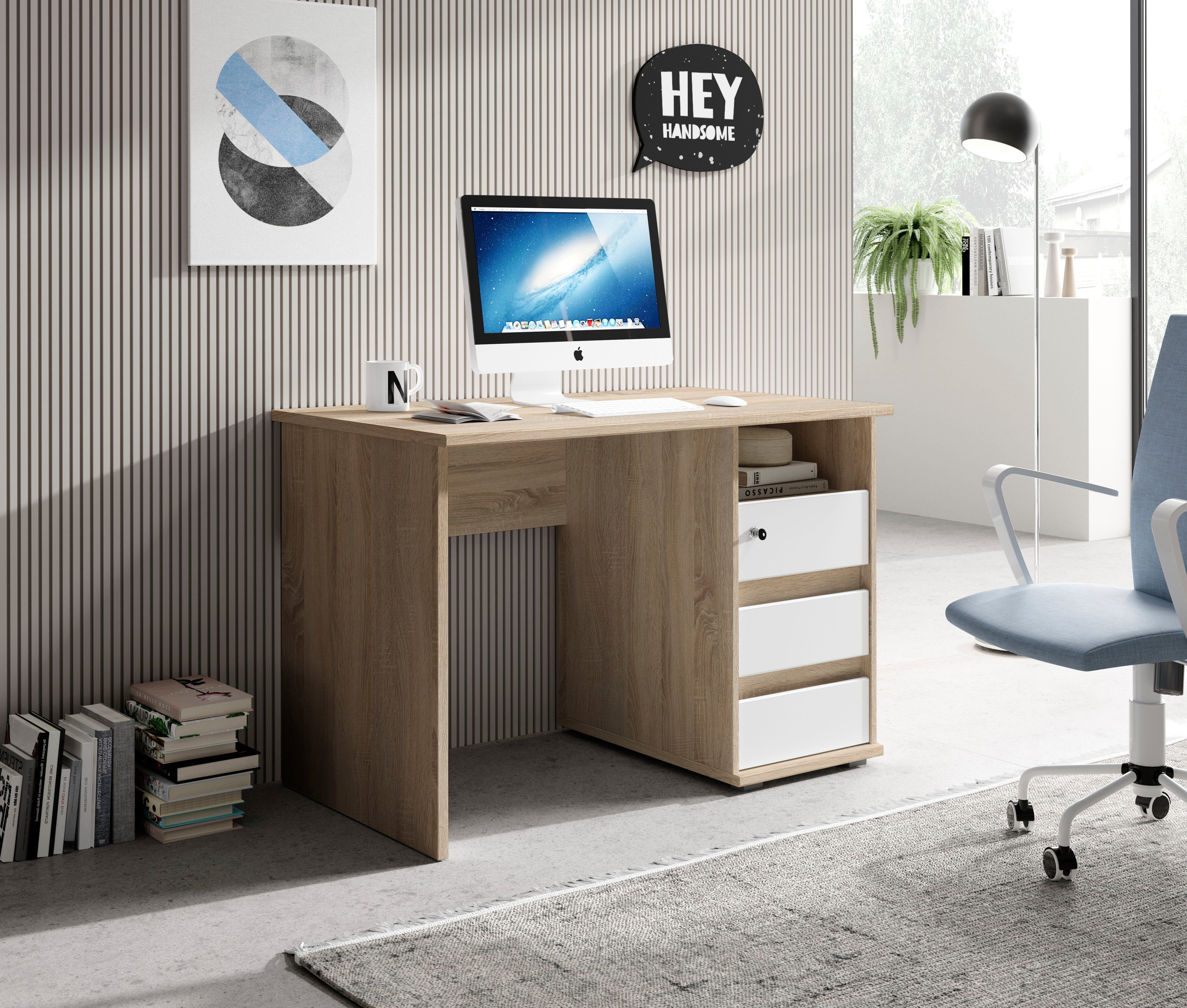 BEGA OFFICE Schreibtisch in sonoma/weiß Schubkasten abschließbar Primus eiche 3 Farbausführungen mit 1