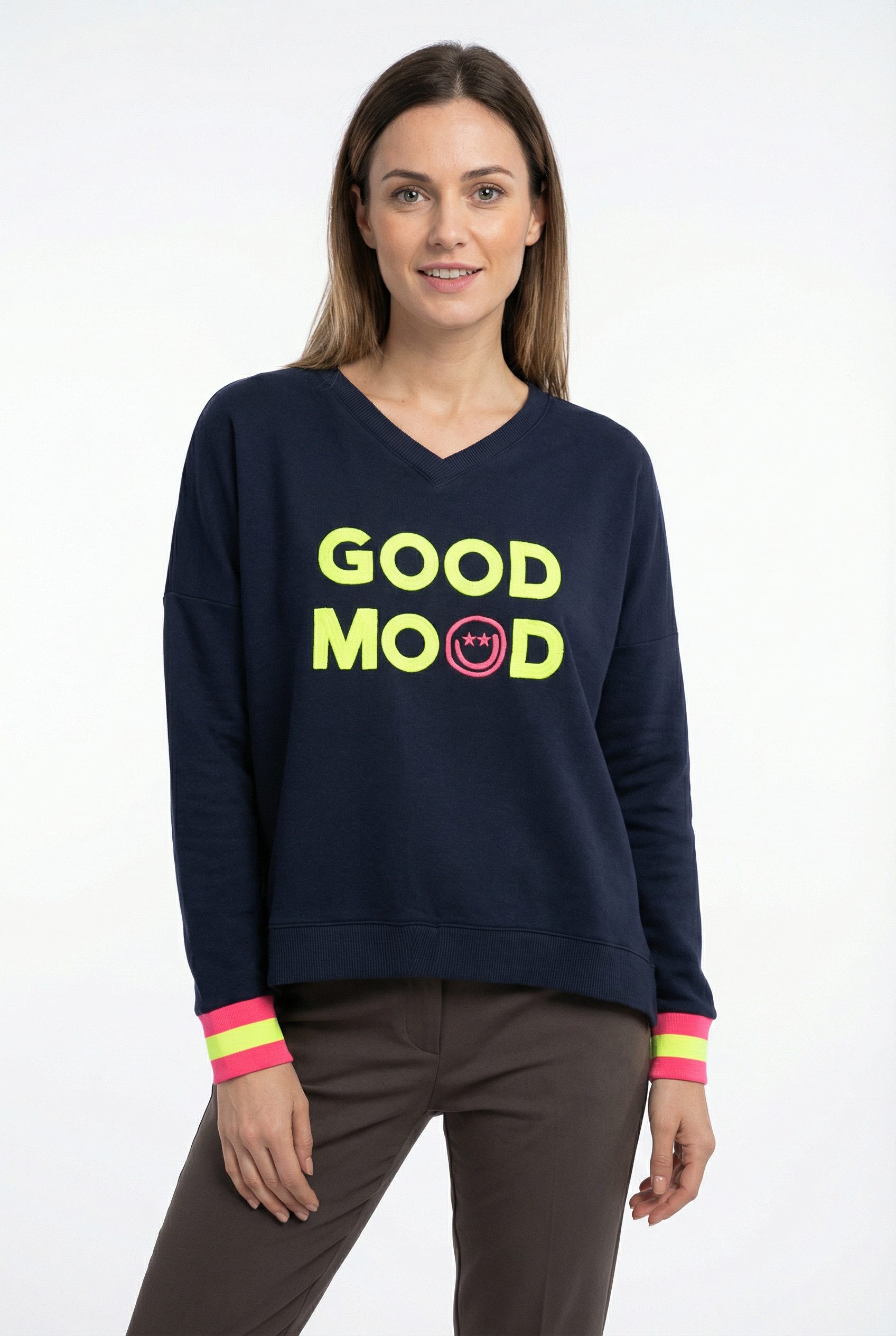 Zwillingsherz Sweatshirt Langarm, Neon-Details, V-Ausschnitt, Schriftzug