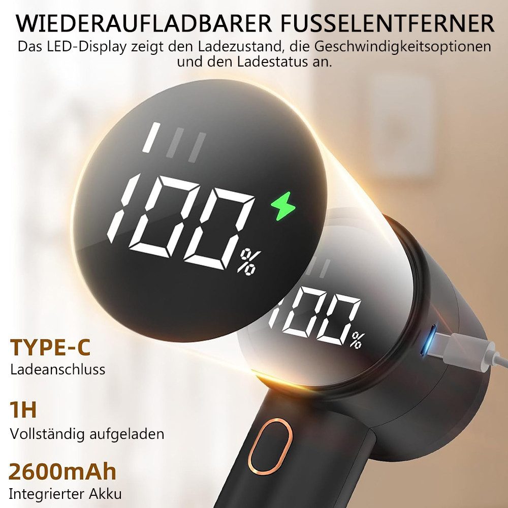 TUWENA Fusselrasierer Fusselrasierer, Tragbarer Aufladbar Elektrisch Fusselentferner, Mit 3 Geschwindigkeiten sowie LED-Anzeige, für Verschiedene Stoffe