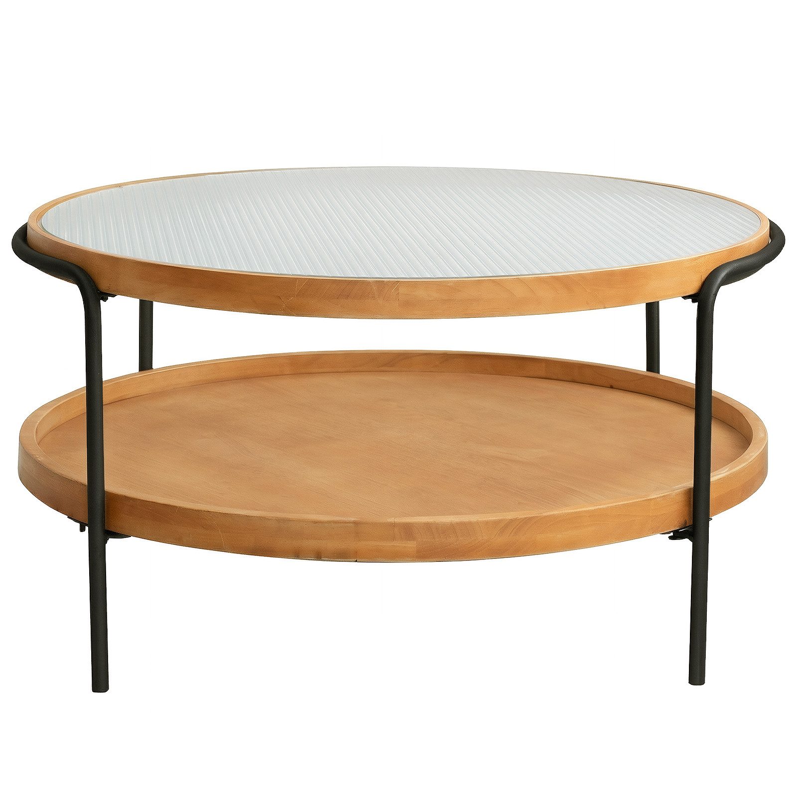 Cagnolier Couchtisch Rund 2-Tier Wohnzimmertisch mit Stauraum (1-St), Runder Tisch aus Holz mit Glas & Metallgestell, Ø76x45cm