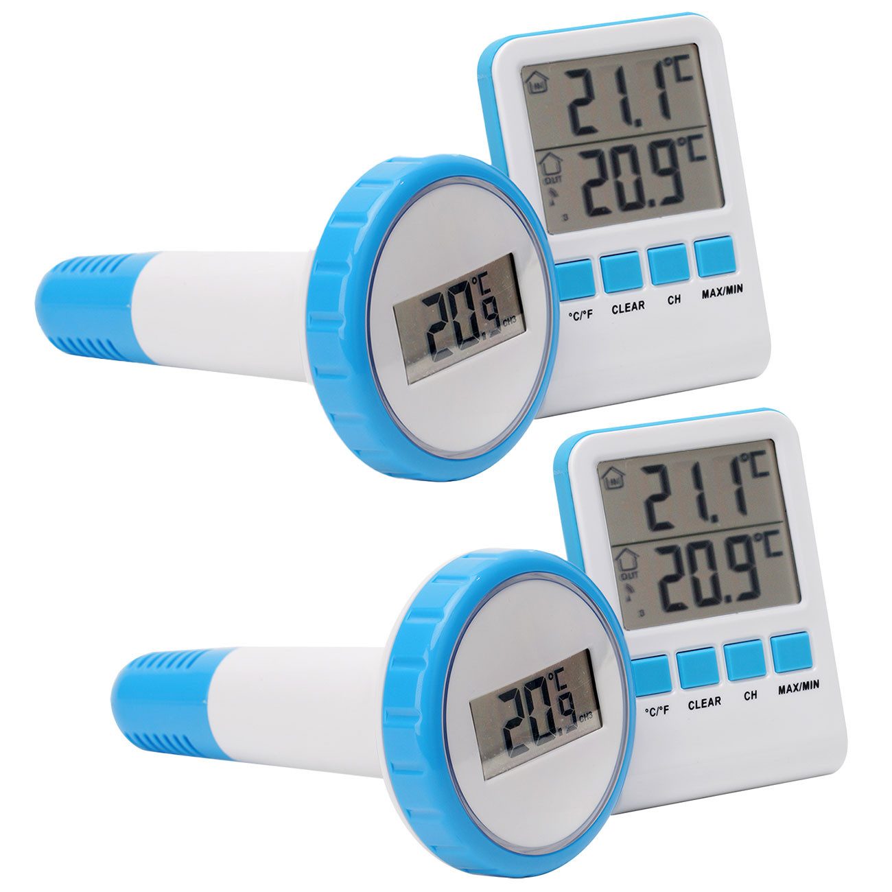 Casativo Schwimmthermometer Digitales Funk Teich Poolthermometer IPX8 Funkthermometer 60m draußen, 2-tlg., 1er-Set & 2er-Set, Pool -20 bis +60 °C/LCD-Basisstation/Funk-Frequenz 433 MHz