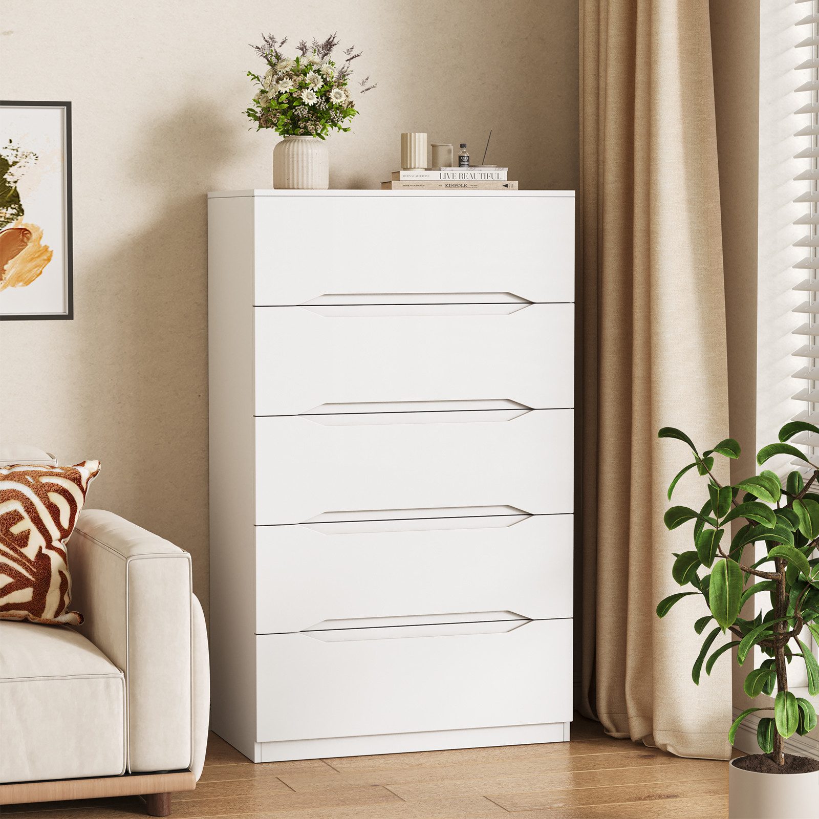 SVEYLXA Kommode mit 5 Schubladen, 105cm Hoch, für Schlafzimmer & Diele (1 St), 60×34×105cm, weiß
