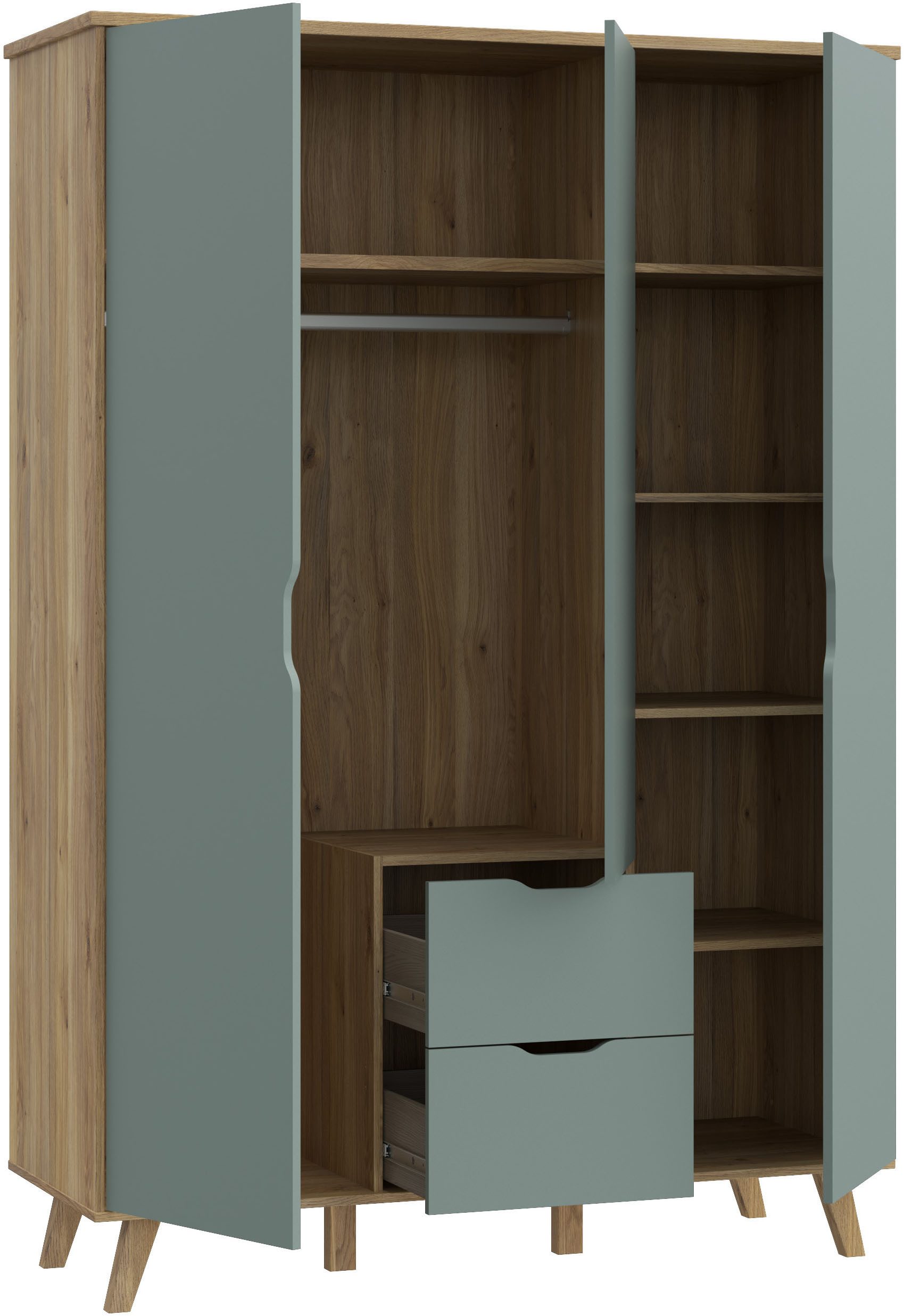 Forte Drehtürenschrank Vankka skandinavischer-Stil, viel Stauraum, ohne Griffe (B/H/T ca.140x200x52cm) Made in Europe,mit Einlegeböden+Kleiderstange+Schubladen,grifflos