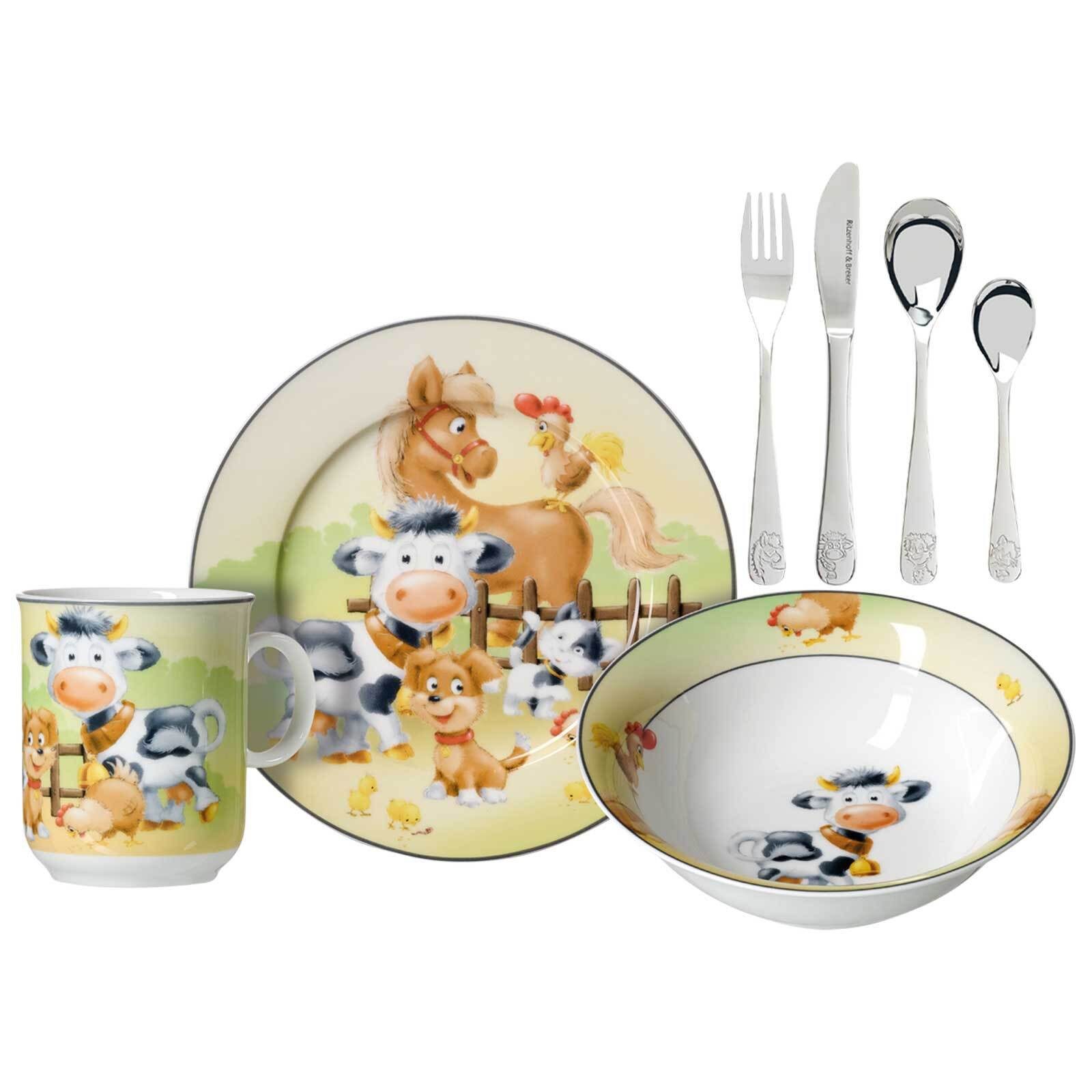 Ritzenhoff & Breker Kindergeschirr-Set Hoftiere Kindergeschirr mit Besteck (7-tlg), Porzellan