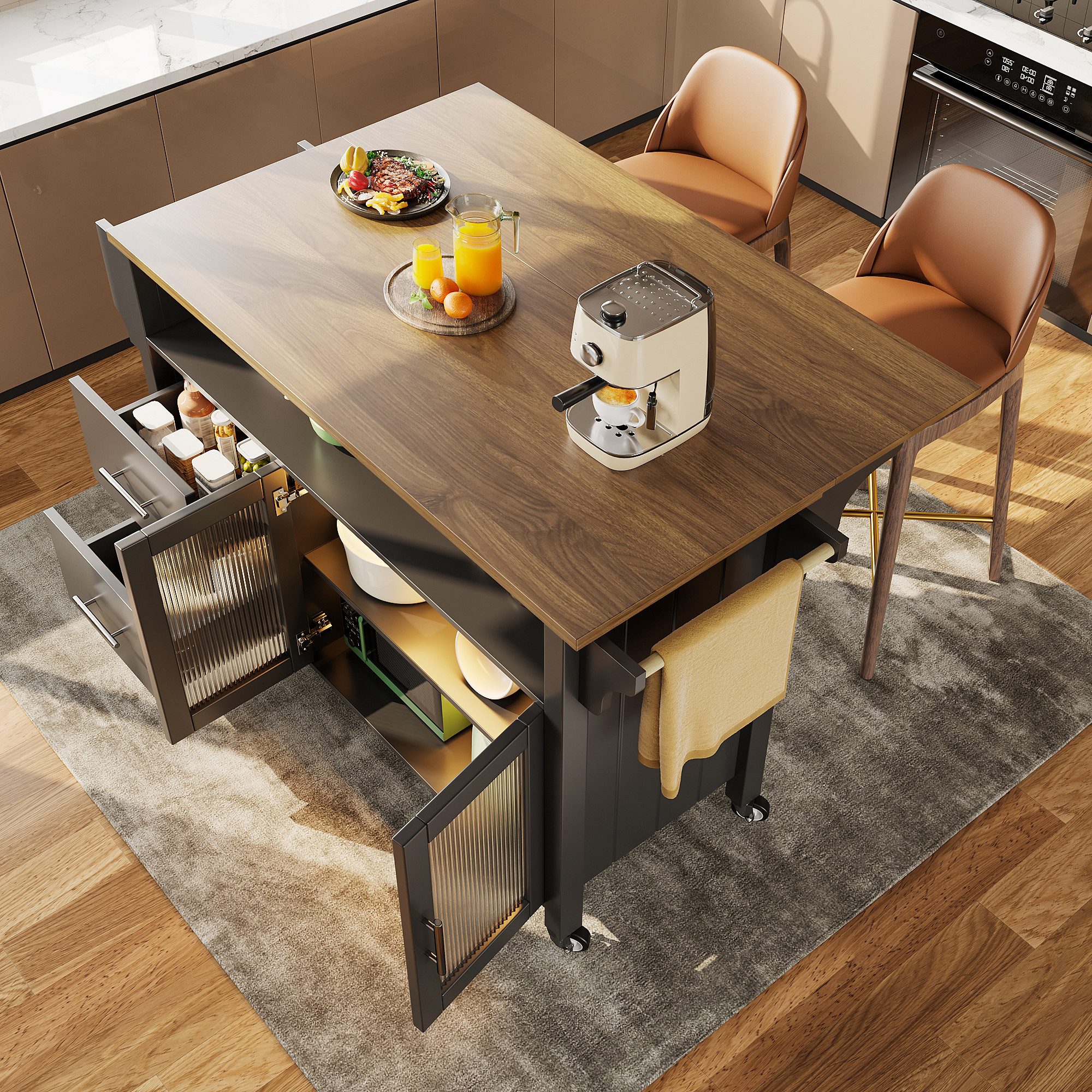 i@home Kücheninsel Küchenwagen auf Rollen, freistehend, (mit ausklappbarer Arbeitsplatte, LED-Beleuchtung, Glastür), Speisewagen 2 Schubladen, Buffetschrank für Küche & Esszimmer