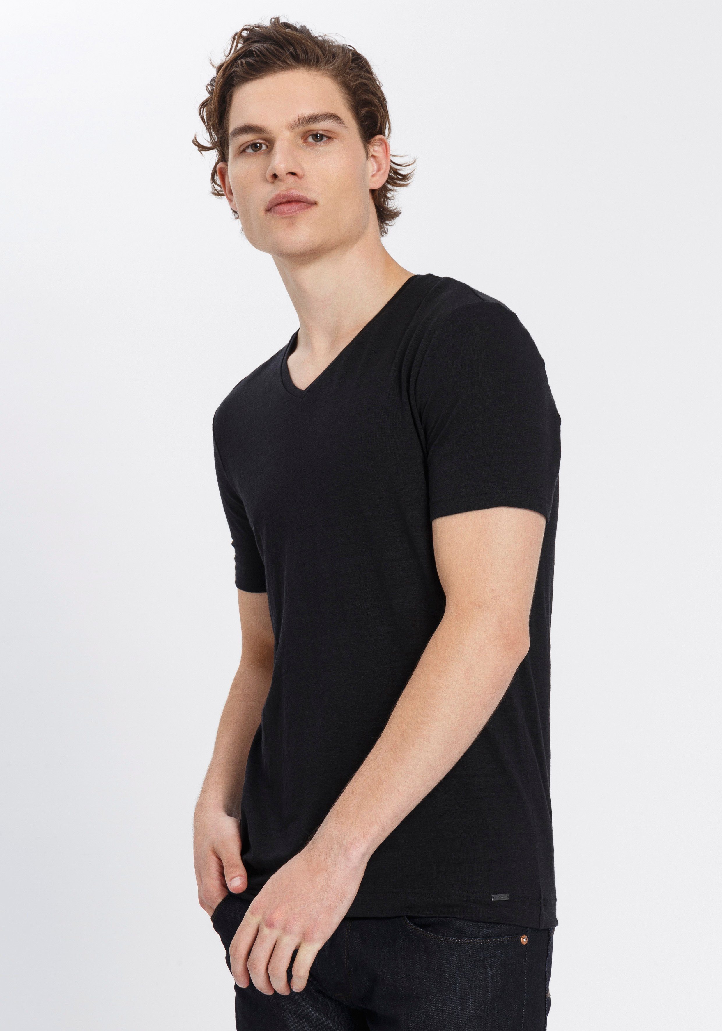 Leinenanteil mit schwarz Level T-Shirt hohem OLYMP body Five fit