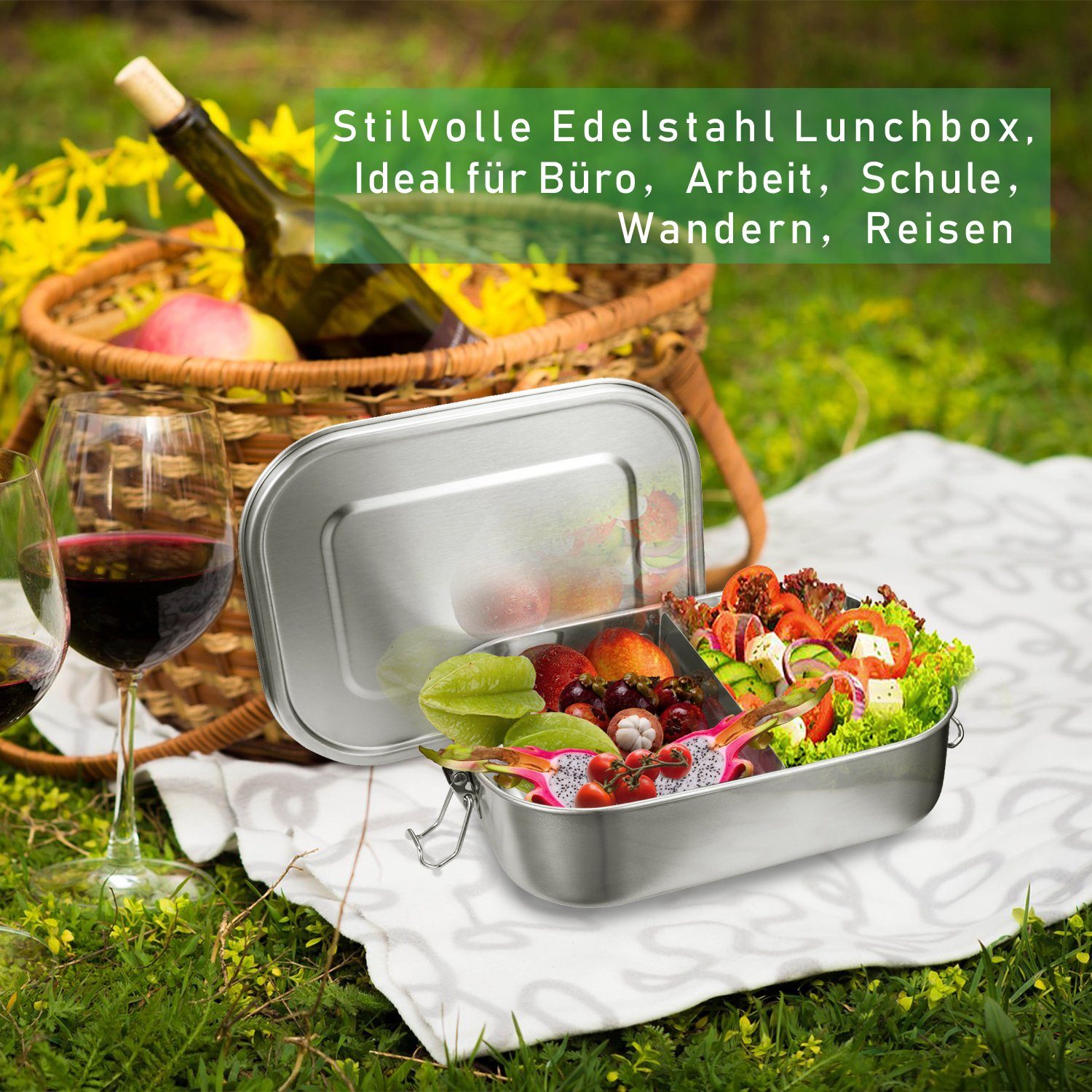 TolleTour Lunchbox Edelstahl Brotdose Schule für - Silber Picknick Lunchbox Büro Nachhaltige 1200ml