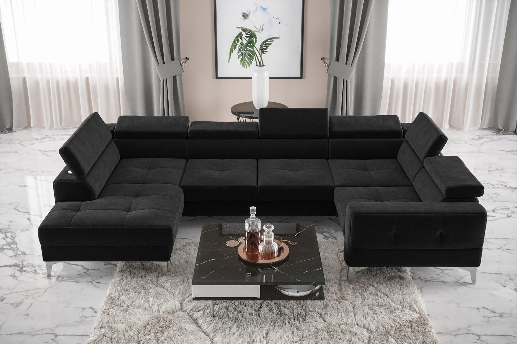 Xlmoebel Wohnlandschaft Elegantes U-Form Ecksofa aus schwarzem Stoff mit Automatikfunktion, Wohnlandschaft 1 Teile, Hergestellt in Europa