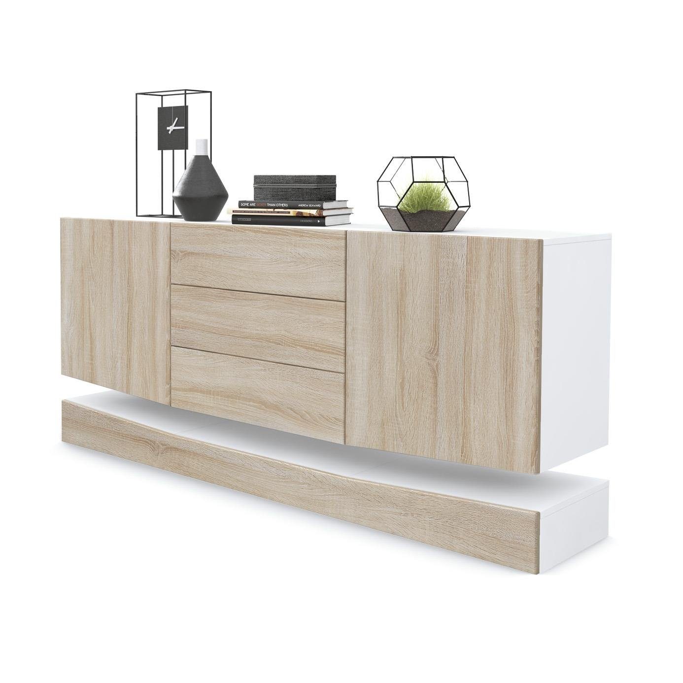 Vladon Sideboard City (Kommode, mit 2 Türen und 3 Schubladen), Weiß matt/Eiche sägerau (178 x 72 x 38 cm)