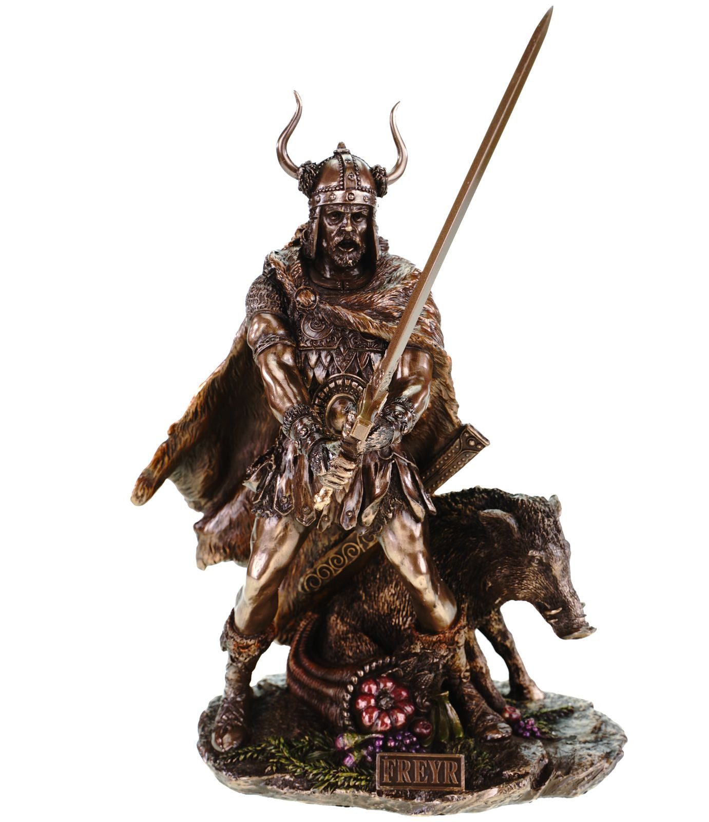 Vogler Dekofigur Frey germanischer Gott mit Eber bronziert 38 cm Freyr Freya Odin