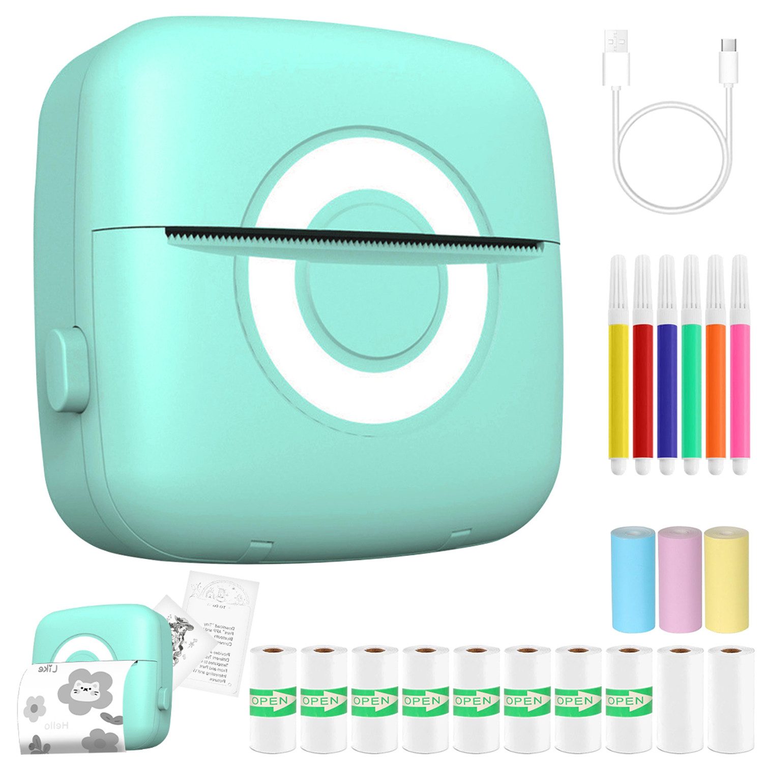 MOPUEA Mini-Thermodrucker Bluetooth Set mit 13 Rollen Papier+6Bunte Stifte Принтер ярлыков, (Druck ohne Tinte, 203 DPI, Bluetooth, tragbar, langanhaltender Akku)