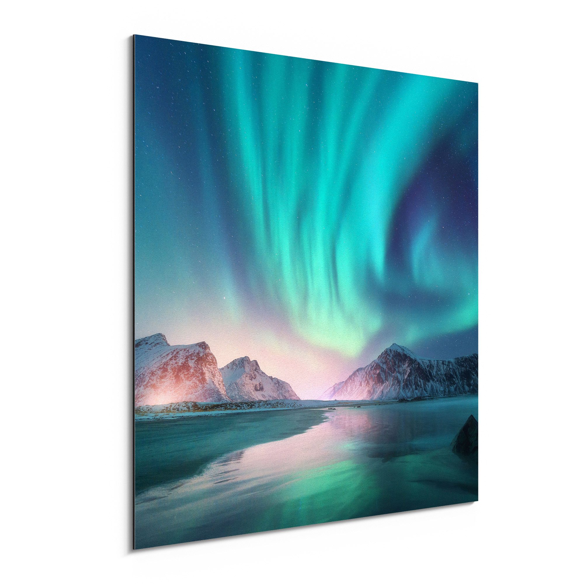 DEQORI Metallbild 'Das Nordlicht der Lofoten', Alu Dibond Bild Aluminium Aluverbundplatte Design Wandbild Aludibond