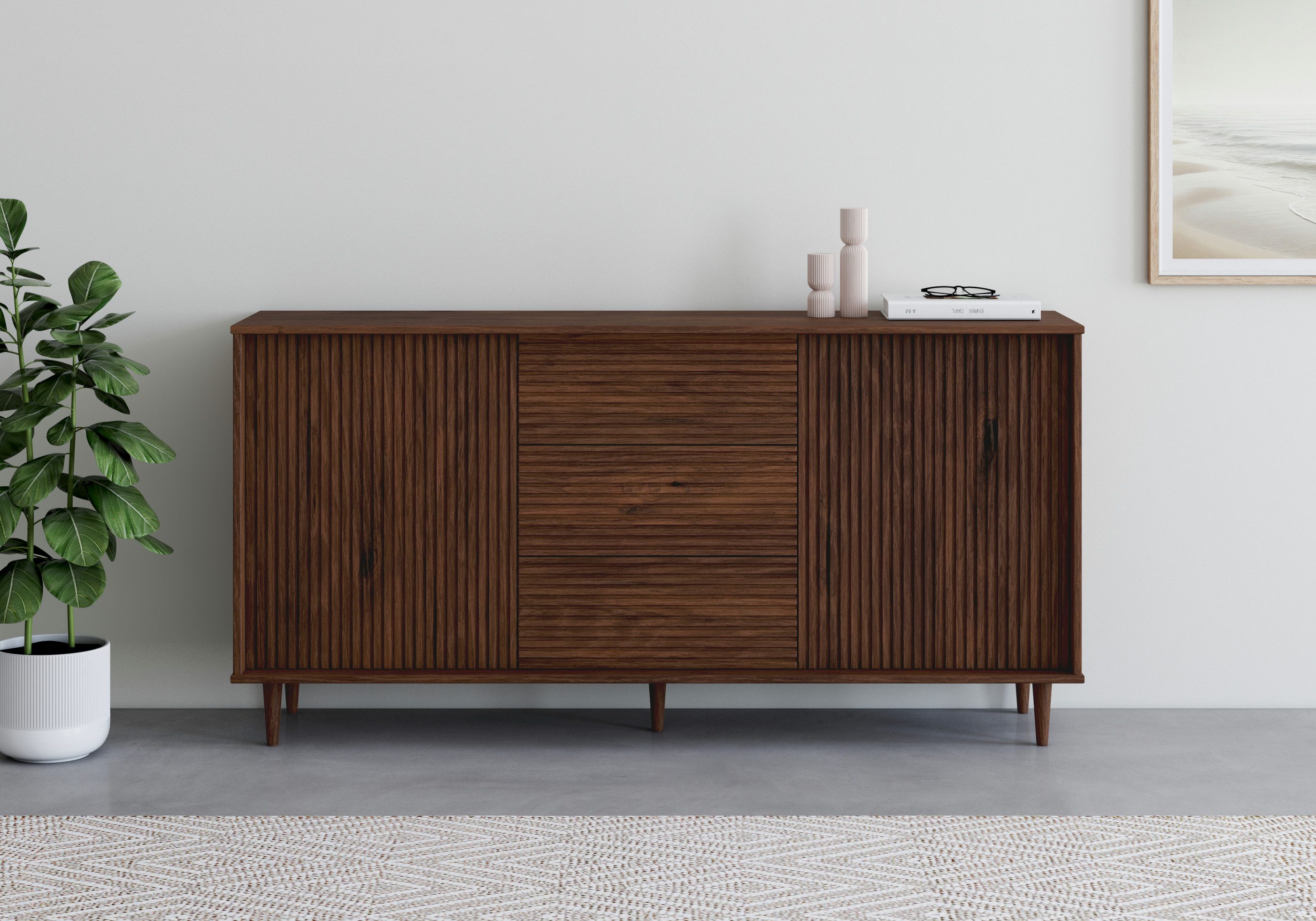 INOSIGN Sideboard Malmedy Front mit gefrästen Rillen, Kommode aus massivem Kiefernholz, Push-to-open, Breite 160 cm