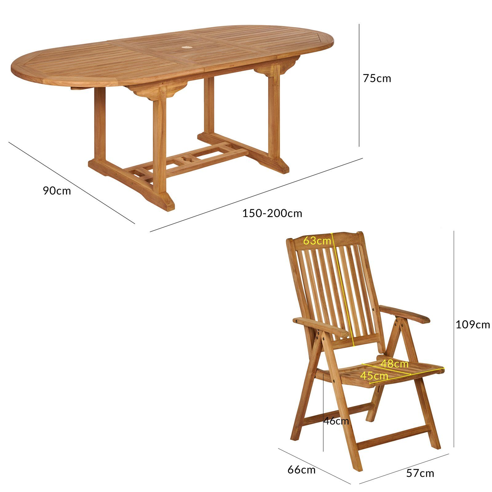 Wetterfest Holz Klappbar Garland 150-200cm (5-tlg), Tisch Ausziehbar Stühle Sitzgruppe Bari, Teak