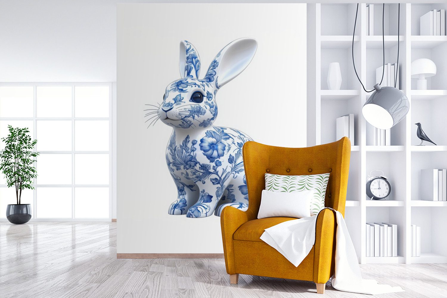 MuchoWow Fototapete Delfter Blau - Kleines Kaninchen - Weiß, Matt, bedruckt, Montagefertig Vinyl Tapete, Wandtapete, 190x260 cm