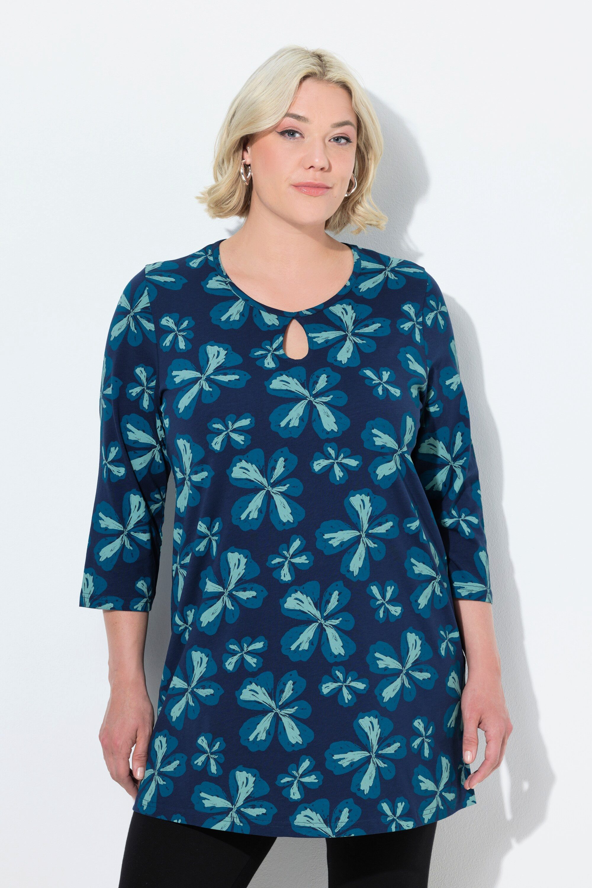 Longshirt Longshirt Blüten A-Linie Rundhals 3/4-Arm