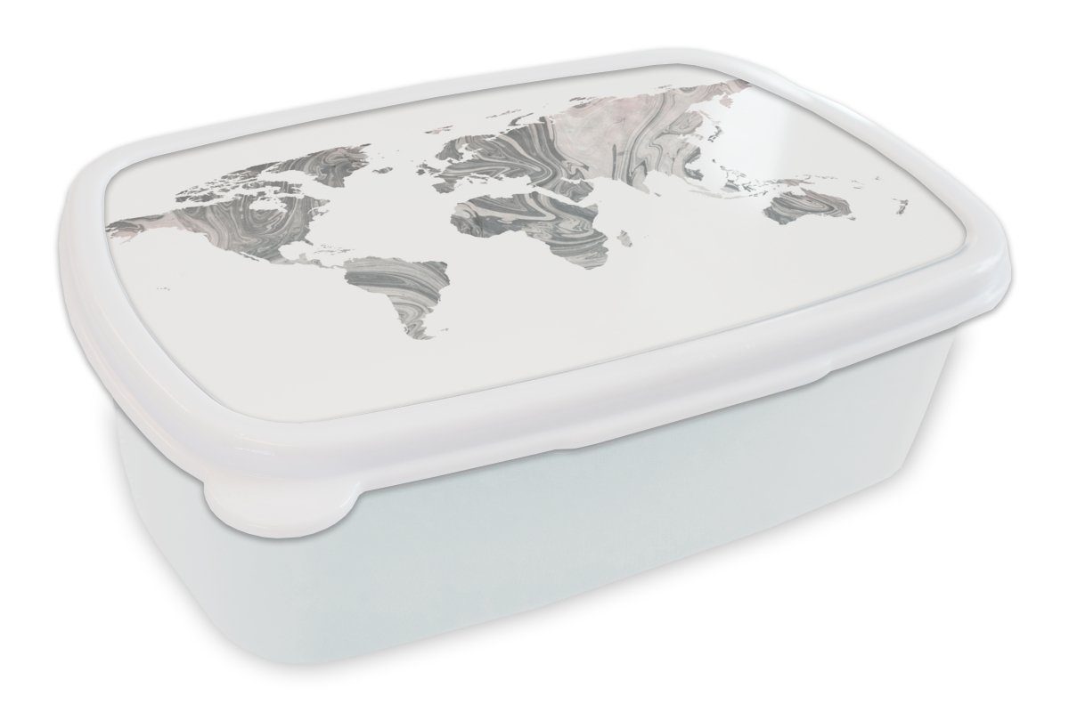 MuchoWow Lunchbox Weltkarte - Farbe - Grau, Kunststoff, (2-tlg), Brotbox für Kinder und Erwachsene, Brotdose, für Jungs und Mädchen weiß