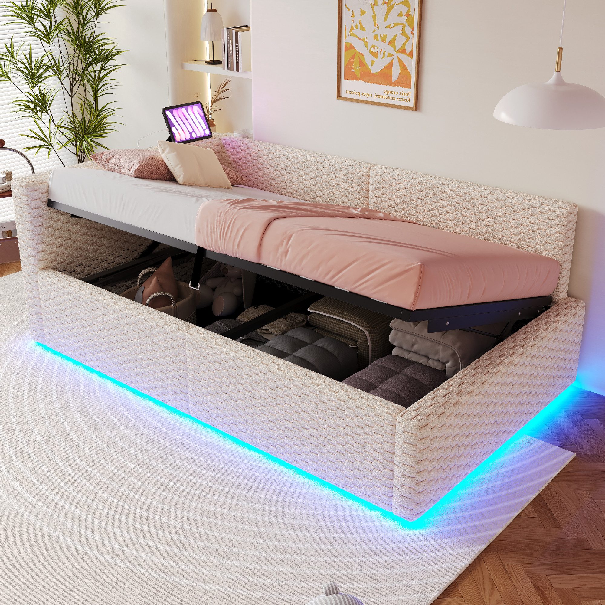 REDOM Schlafsofa Polsterbett mit LED-Beleuchtung und USB-Ladeanschlüssen, Hydraulisches Bettgestell mit L-förmiger Rückenlehne, Kinderbett, ohne Matratze, 90x200cm