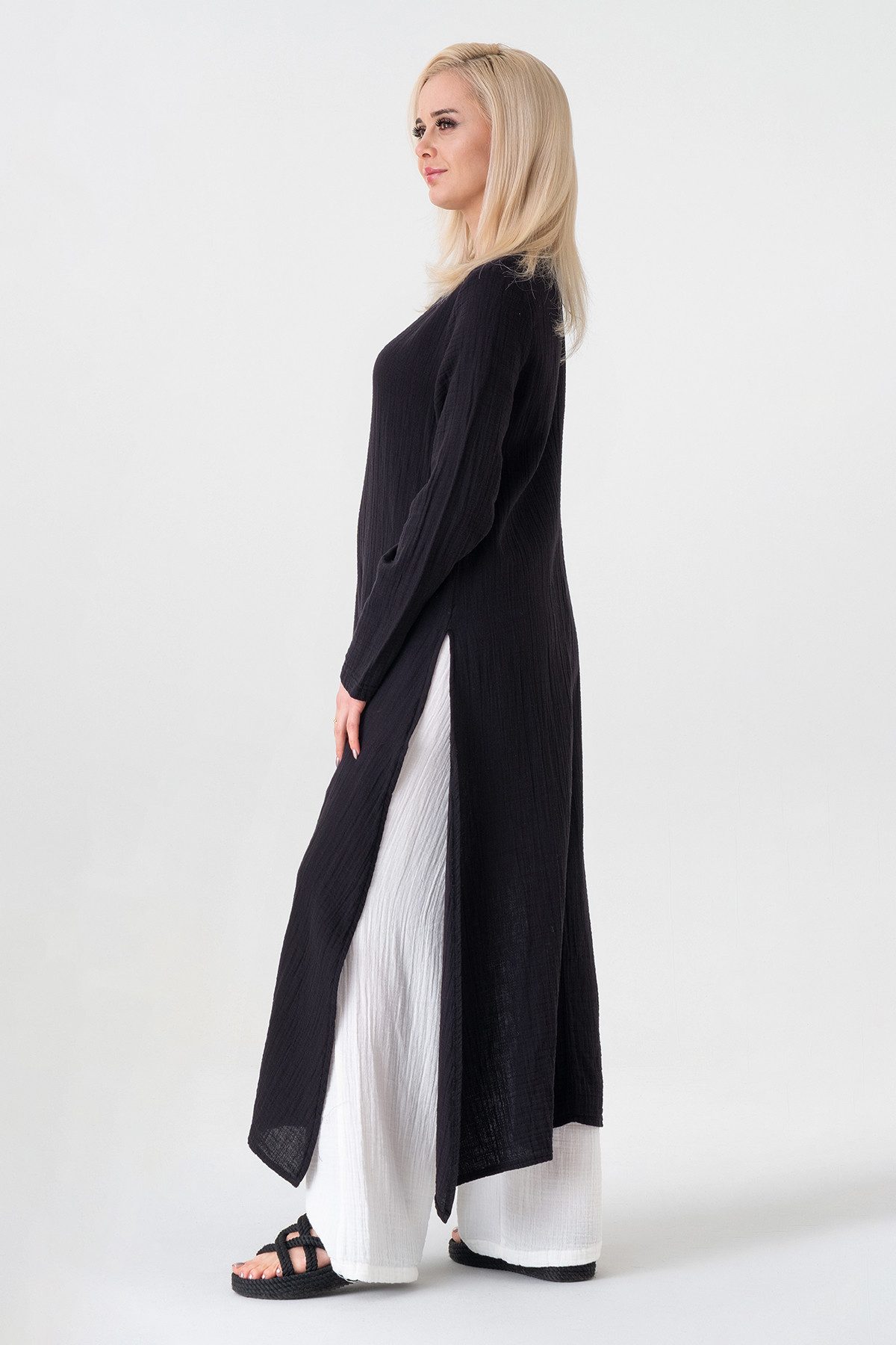 WENOR Longtunika Musselin 100 % Baumwolle 125 cm, Seitenschlitze, Modest Fashion 34–50