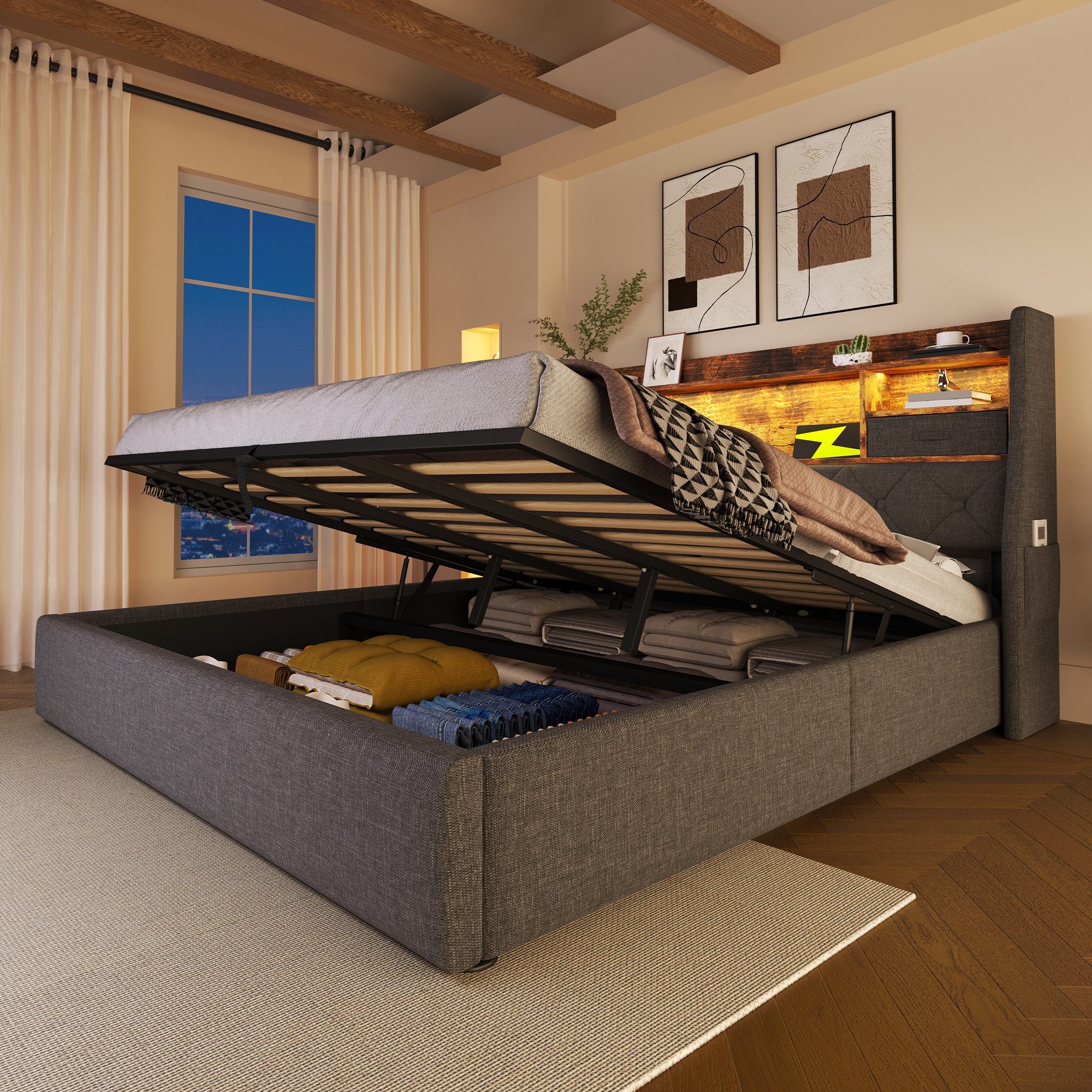 REDOM Polsterbett Retro Design mit feuerrotem Regal (Struraumbett, Funktionsbett, 2-tlg., Grauer Leinenstoff, 140x200 cm, mit Matratze (H20cm-Schaummatratze), mit LED-Kopfteil, 4 Ladestation (USB/Type-C), Inkl. Lattenrost