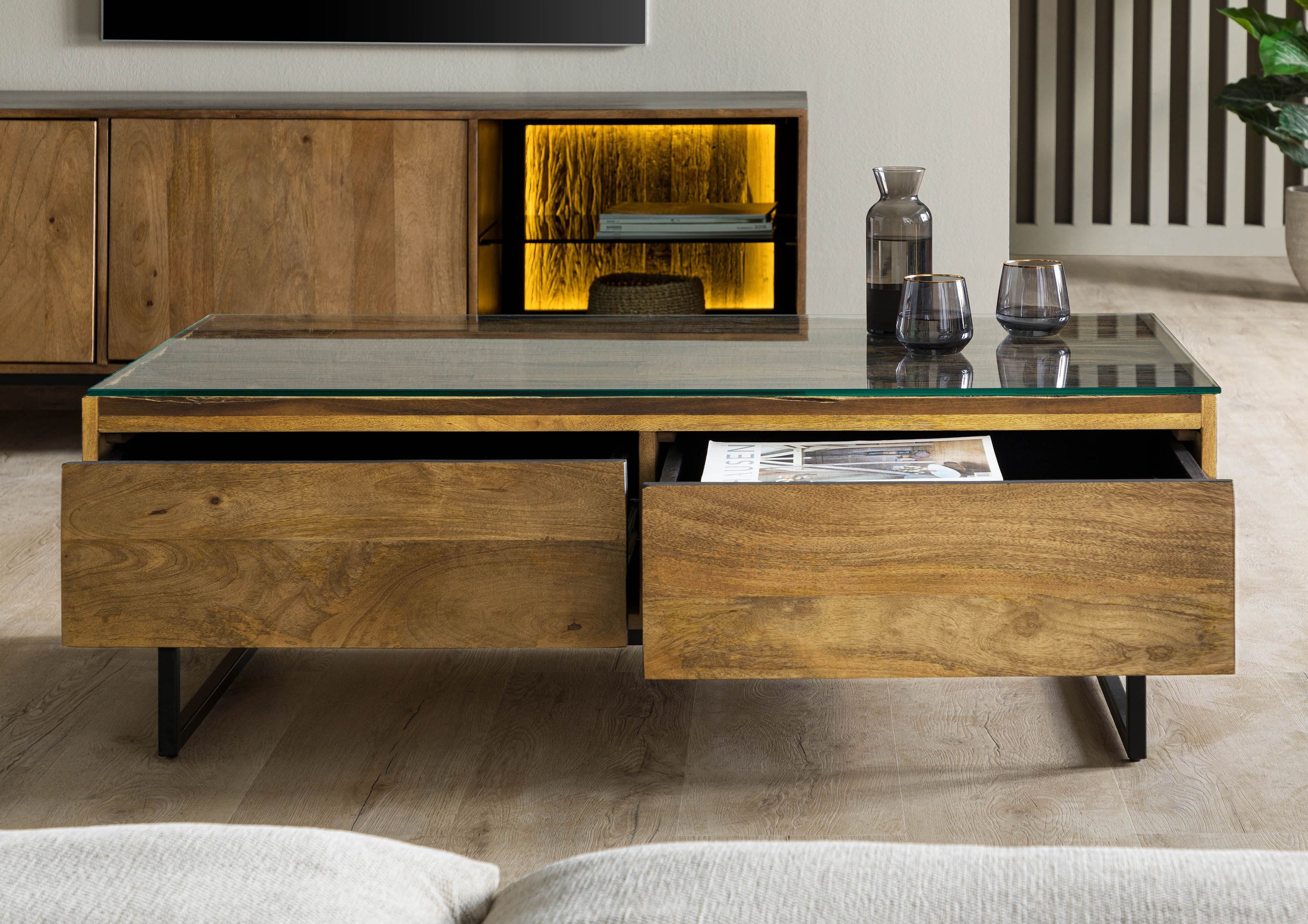 Massivmoebel24 Couchtisch DAVIS (Massivholz, Massivholztisch), Mango / Altholz 120x60x40 schwarz / natur lackiert DAVIS #50