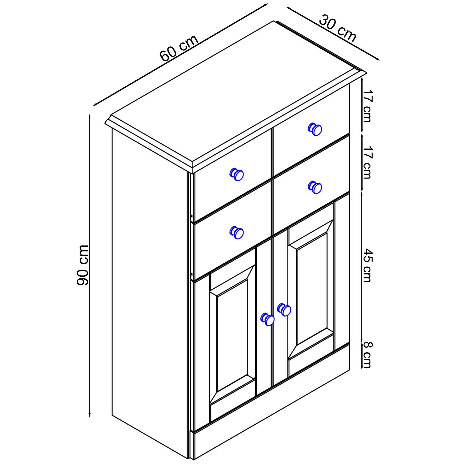 loft24 Midischrank Rico - Badezimmerschrank Badkommode Badschrank Badmöbel 4 Schubladen, 2 Türen, Kiefer Massivholz, Landhausstil