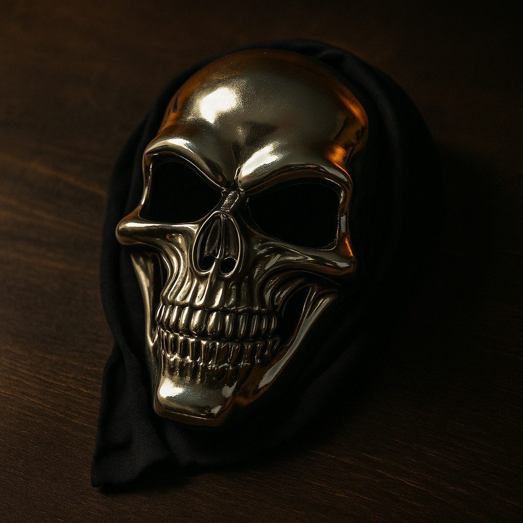 Goodmark Verkleidungsmaske Totenkopfmaske Silber mit Kapuze Halloween Schädelmaske Gruselmaske, (1-tlg), Gruselig glänzender Totenkopf-Look
