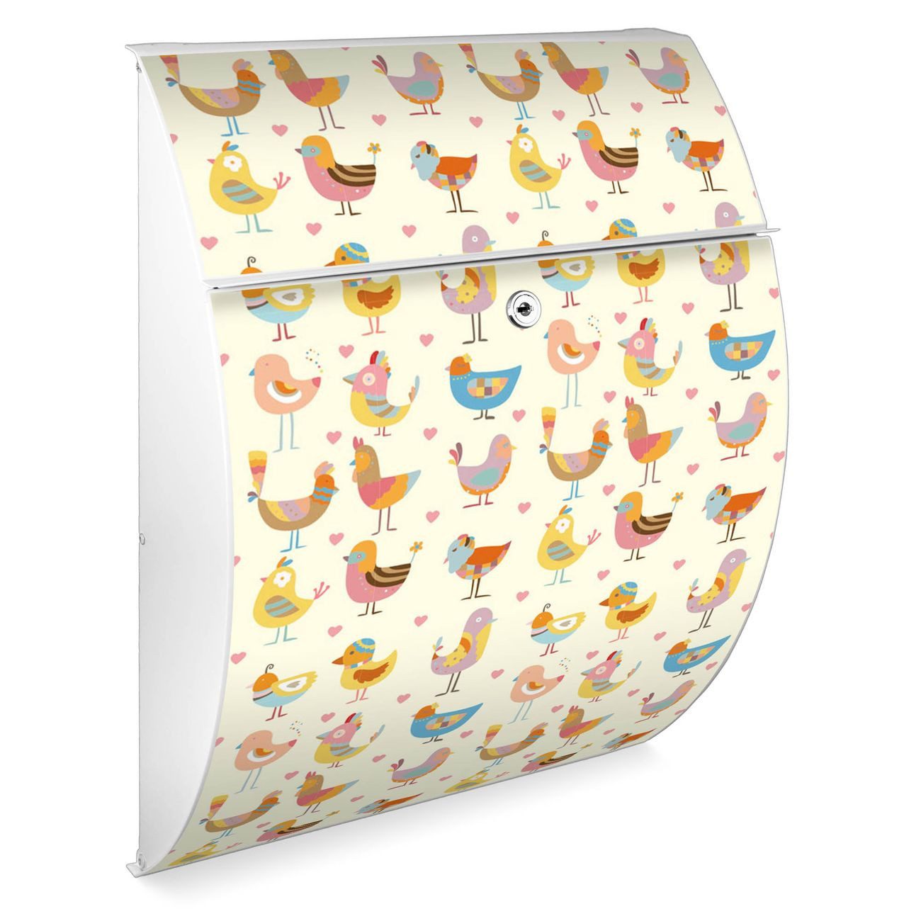 banjado Wandbriefkasten Burg-Wächter Riviera weiß mit Motiv Lustige Vögel (Wandbriefkasten witterungsbeständig, pulverbeschichtet), 33,5 x 46 x 13 cm
