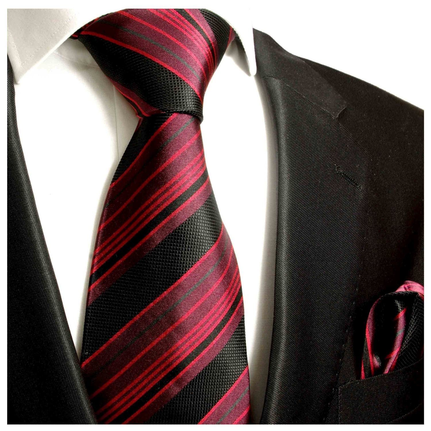 Paul Malone Krawatte Herren Seidenkrawatte und Tuch modern gestreift 100% Seide (Set, 2-St., Krawatte mit Einstecktuch) Schmal (6cm), rot schwarz 515