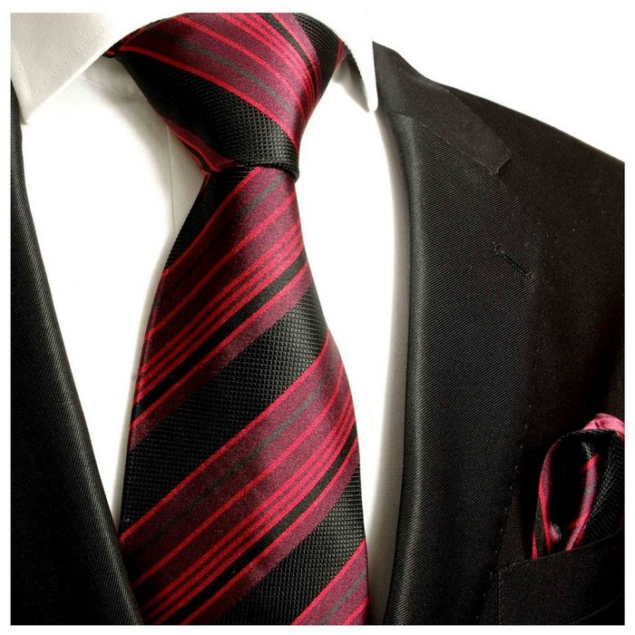 Paul Malone Krawatte Herren Seidenkrawatte und Tuch modern gestreift 100% Seide (Set 2-St. Krawatte mit Einstecktuch) Schmal (6cm) rot schwarz 515