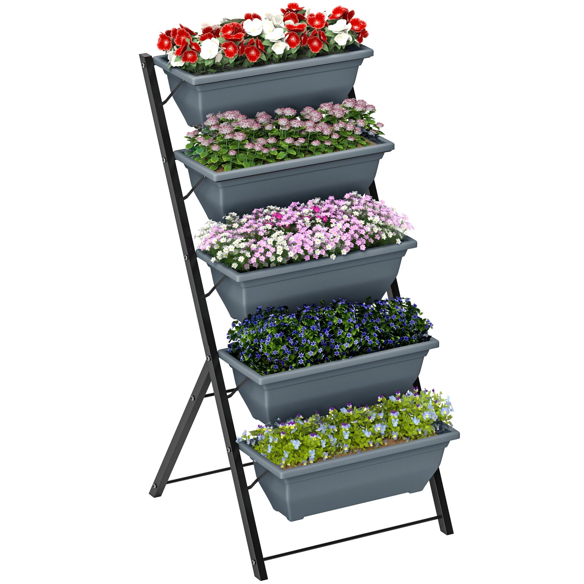 MC Star Hochbeet Hochbeet mit mehreren Ebenen, vertikaler Pflanzkasten (mit 5 Blumenkästen, Abflusslöchern, grauer Stahlrahmen)