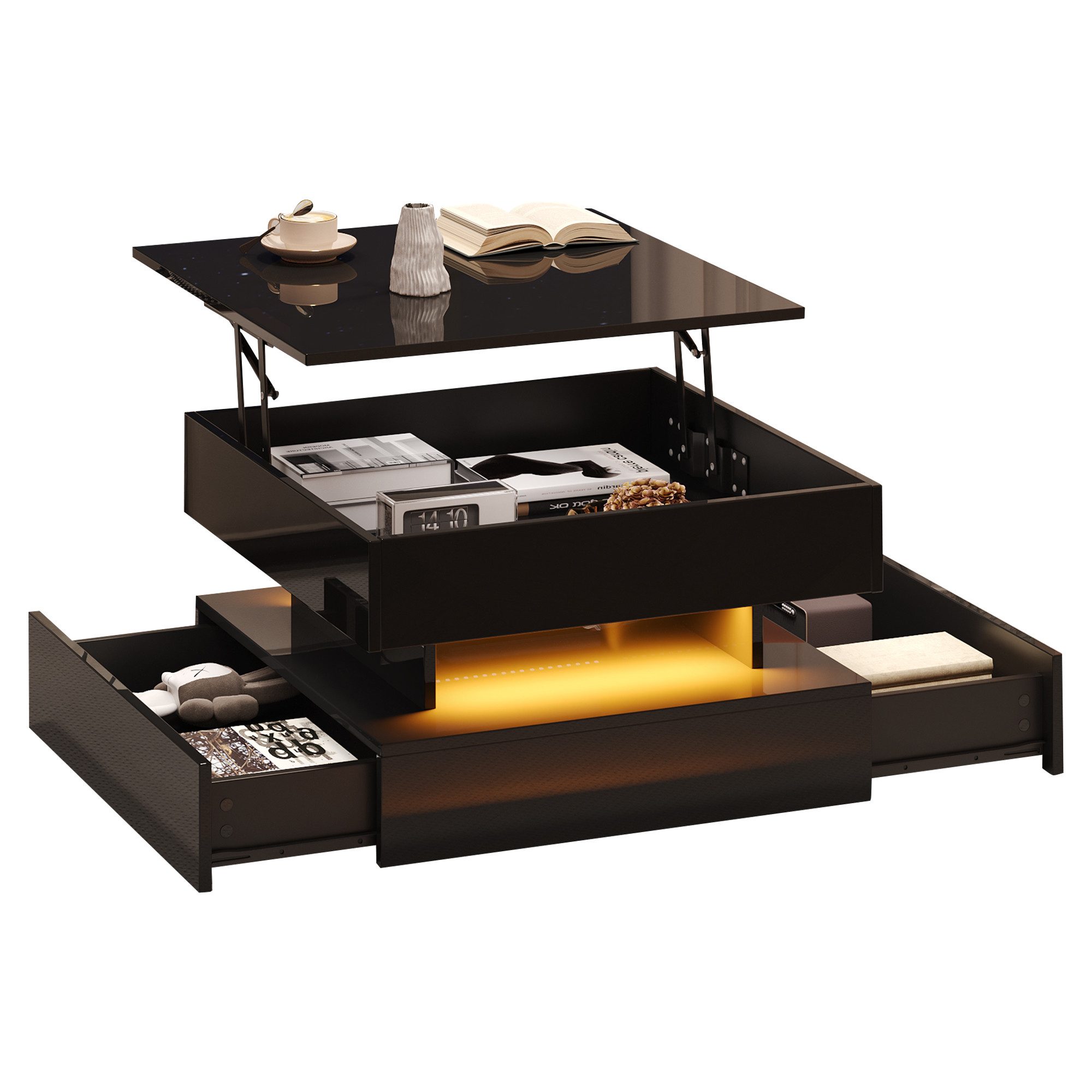 MODFU Couchtisch mit anhebbarer Tischplatte (Beistelltisch, Sofatisch, 1-St., mit 2 Schubladen), anhebbarer Wohnzimmertisch mit LED-Lichtleiste