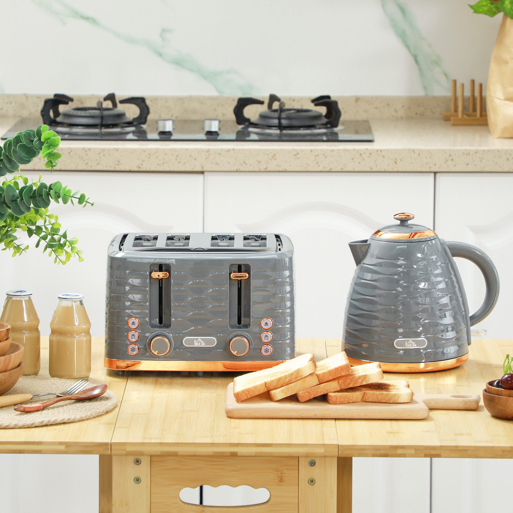 HOMCOM Toaster Wasserkocher Frühstück-Set: 1,7L, 4 Scheiben, 7 Bräunungsstufen, 4 Schlitze, für 4 Scheiben, 2200 W, Auftau-, Aufwärm- und Krümelschublade, Otter-Thermostat, Grau