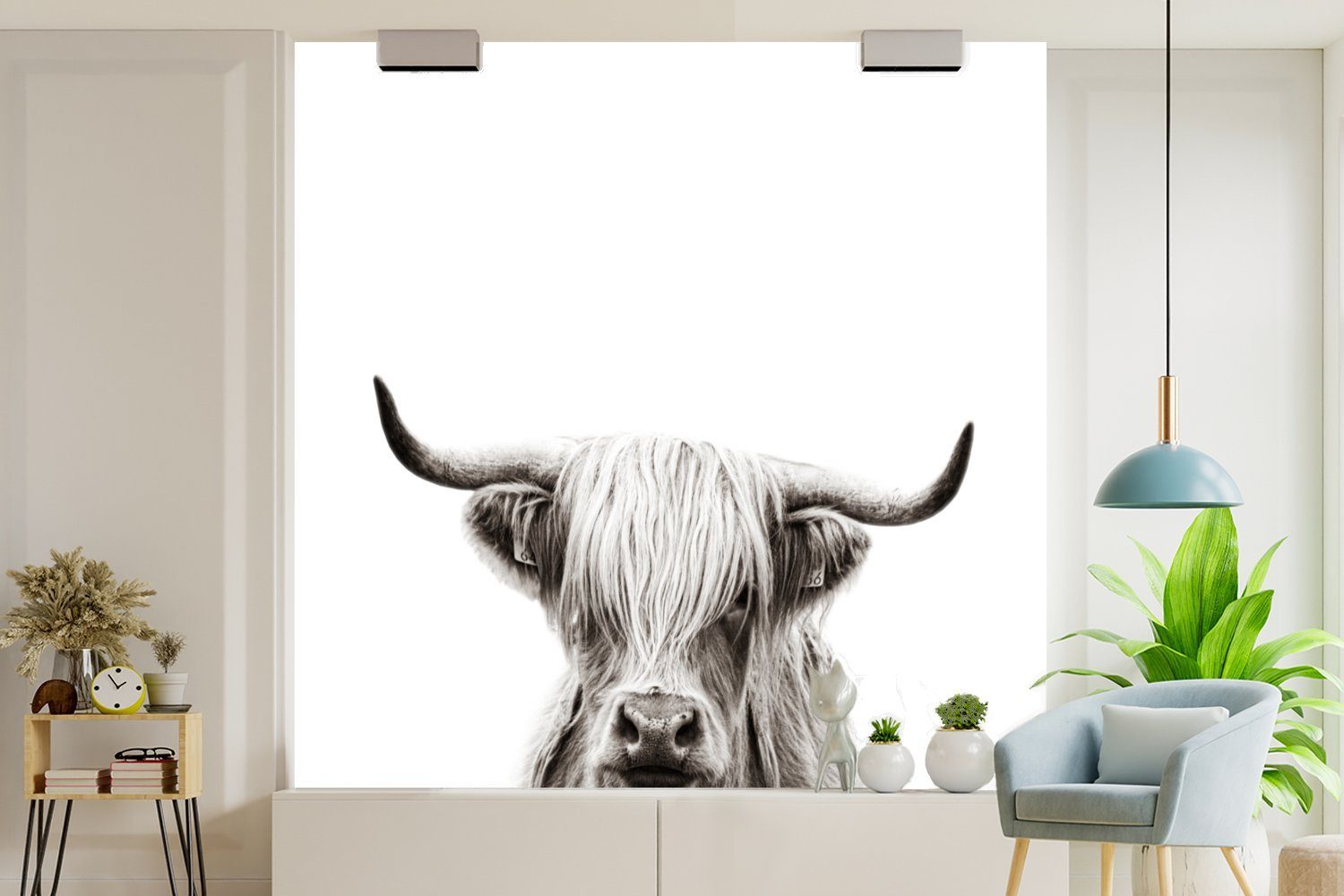 MuchoWow Fototapete Porträt Schottischer Highlander Wohnzimmer - Schwarz oder St), Schottische Vinyl Kuh Schlafzimmer, (5 Wandtapete bedruckt, weiß, Tapete für Matt, - und