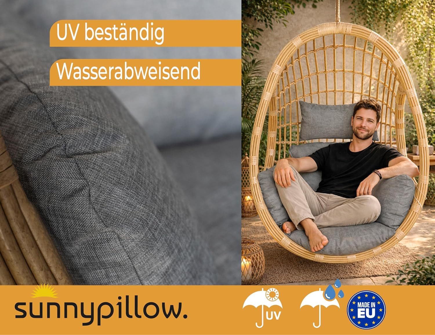 sunnypillow Hängesessel Auflage für Rattan & Polyrattan Hängeschaukel, Grau – Bild 3 von 5