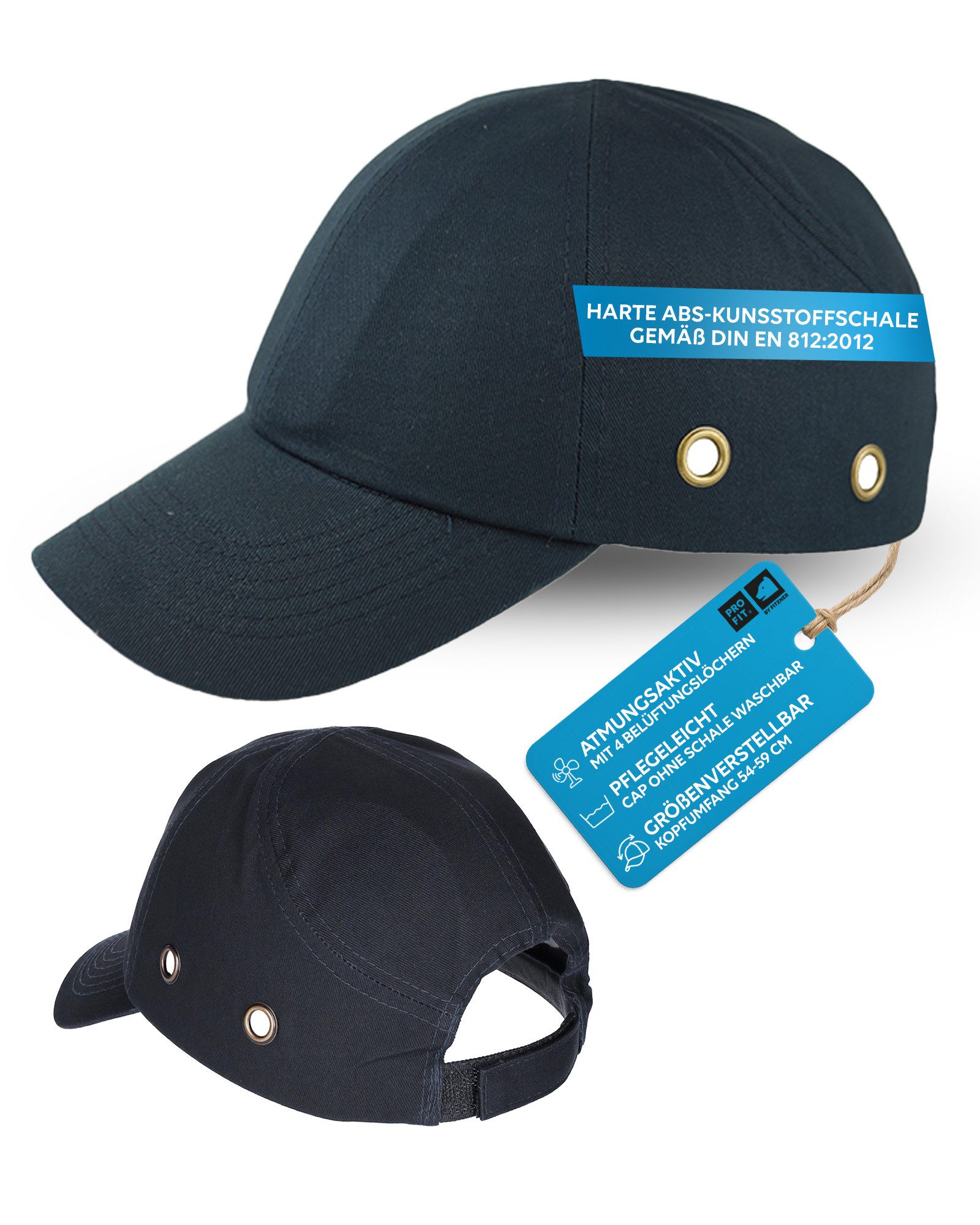 PRO FIT Sicherheitshelm, Baseballcap, Anstoßkappe in Baseballmützen Style, Uni Cap mit Schirm (1, Stück), aus waschbarer Baumwolle, mit Belüftungslöchern - Dunkelblau