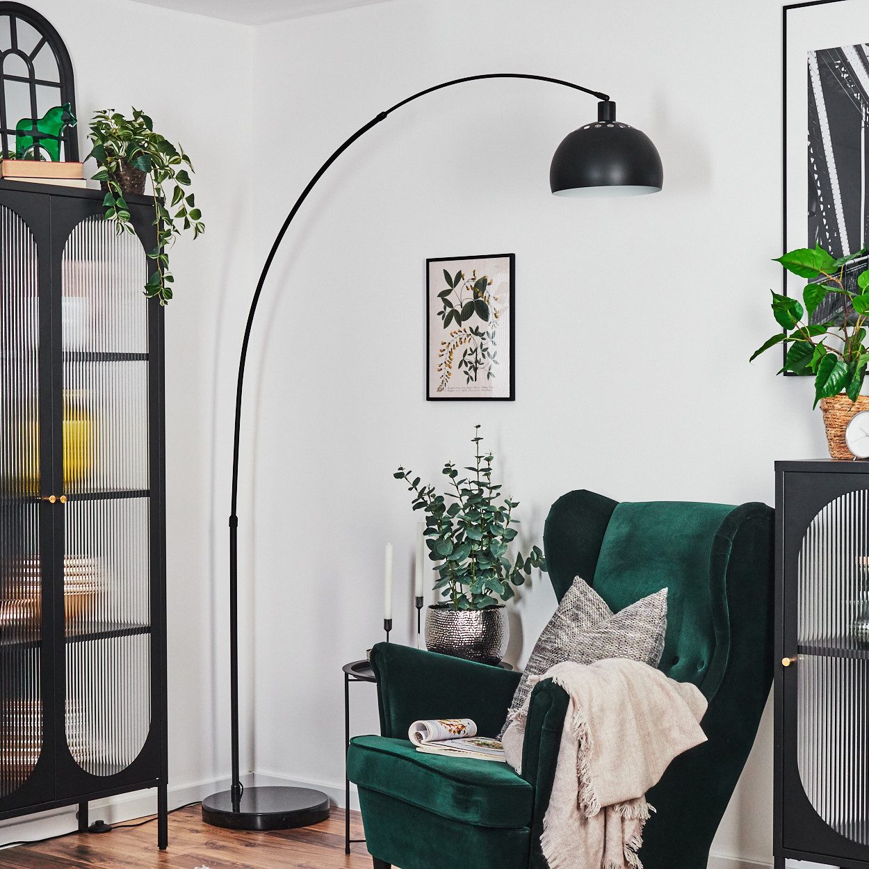 hofstein Bogenlampe Stehlampe aus Metall mit Marmorfuß in Schwarz/Weiß, ohne Leuchtmittel, verstellbar, im Retro/Vintage-Design / Fußschalter / Lichteffekt, E27