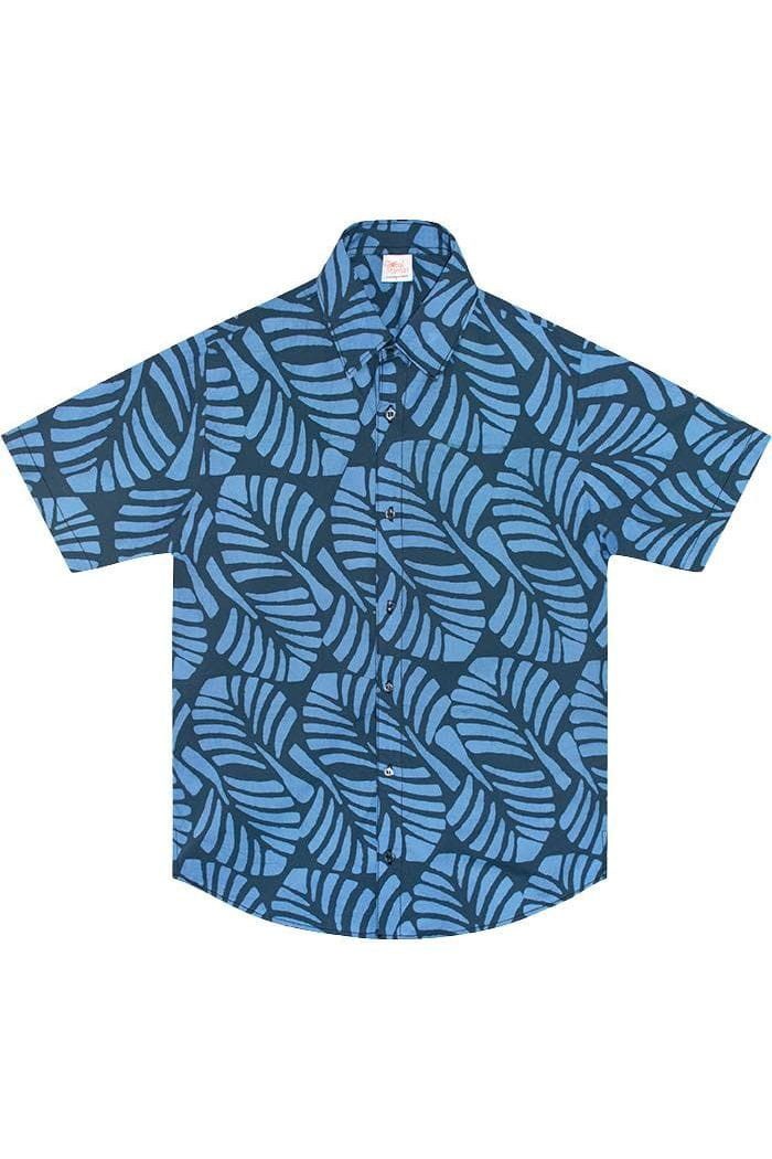 Global Mamas Kurzarmhemd Slim Fit - Deco Leaf Spruce - Blau Handgebatikt in Ghana · Unikat · Fair Trade zertifiziert (WFTO)