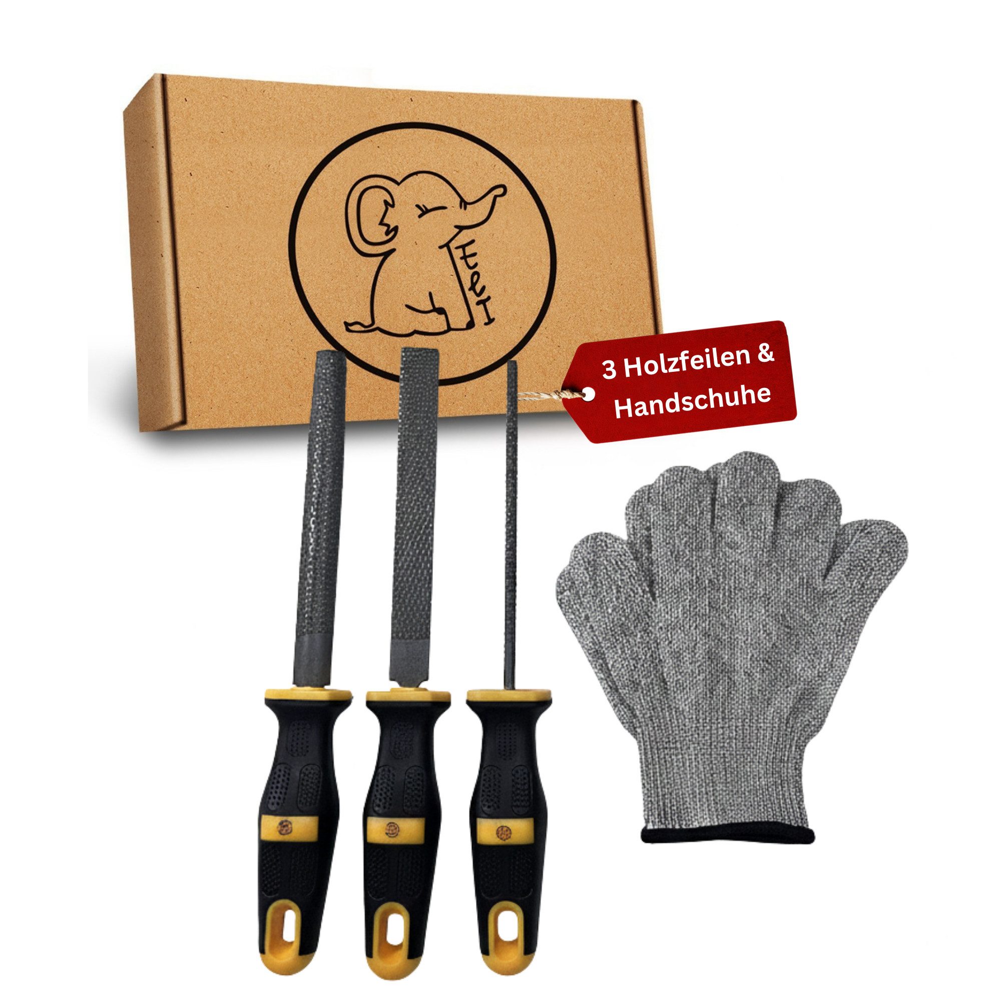 Eli Raspel 3 Holzfeilen Set für Kinder inkl Schutzhandschuhe - Holzraspel, (Werkzeug für Holz - rund - halbrund - flach für Holzbearbeitung), Kinderwerkzeug - Geschenk für Junge - Mädchen