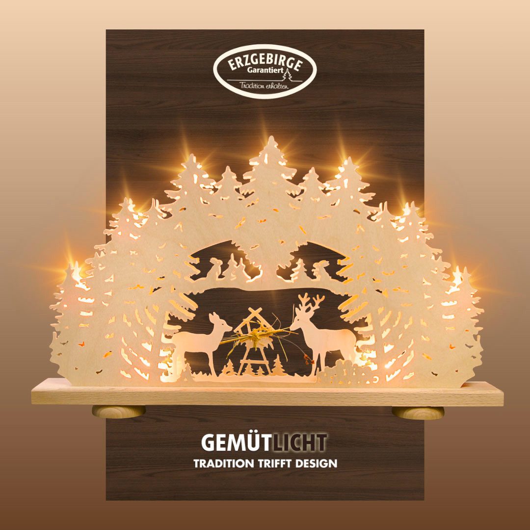 Weigla Schwibbogen Futterkrippe mit echtem Heu, Lichterbogen aus Holz, NATUR (1-tlg), Erzgebirge garantiert, Weihnachtsdeko Innen, Weihnachtsbeleuchtung