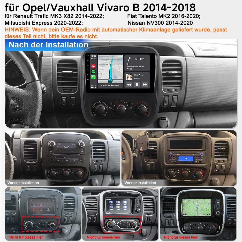 A-Sure CarPlay GPS Für Opel Vivaro B 2014–2019/Nissan NV300/Renault Trafic Autoradio (Digitalradio (DAB), FM, Carplay Android Auto Bluetooth EQ USB GPS Navi WIFI Touchscreen)