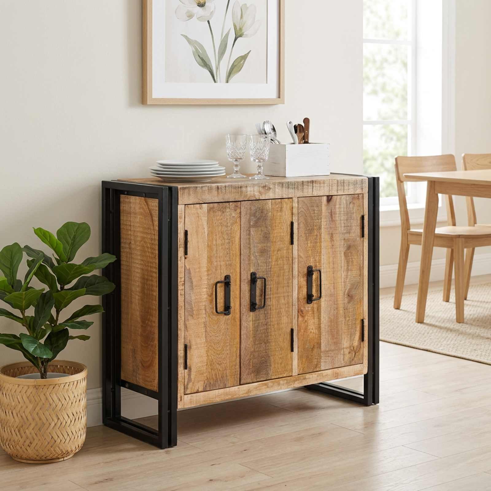 furnicato Sideboard Vollholz 80 x 33 x 70 cm Braun (1 St), Metallrahmen-Buffet mit 3 Türen und Stauraum für dein Wohnzimmer