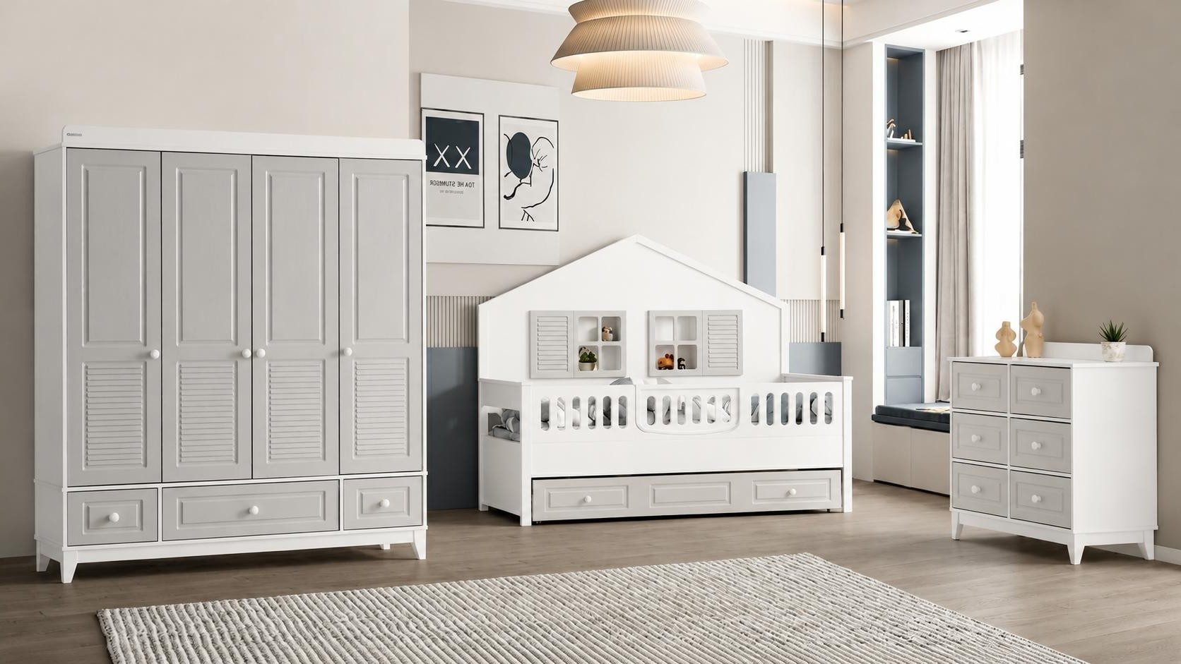 Xlmoebel Kinderkleiderschrank Moderner Kinderkleiderschrank mit grauen Türen und 3 Schubladen (4 Türen, 3 Schubladen) Made in Europa