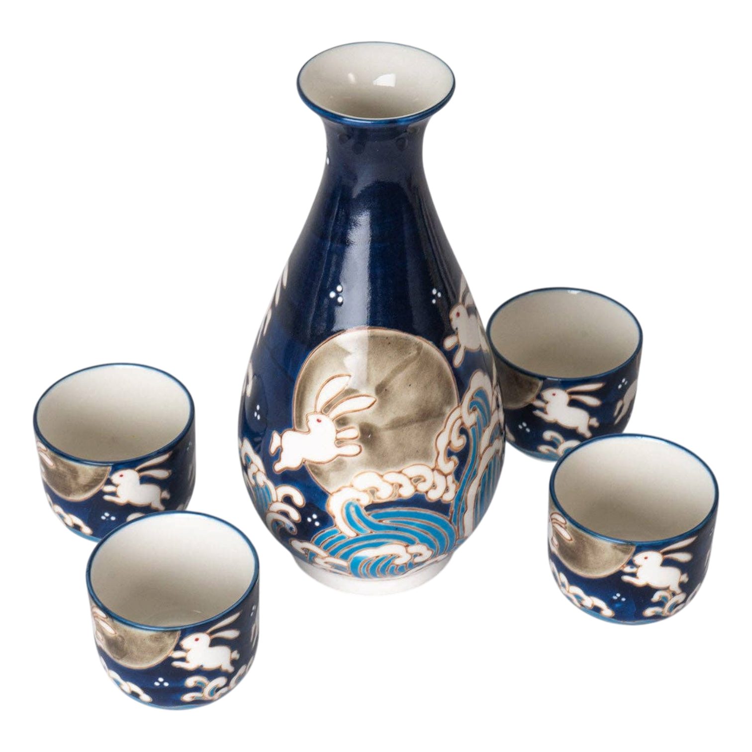 Dark-Desires Schnapsglas Japanisches Sake-Set „Mondkaninchen & Wellen5-teilig Porzellan